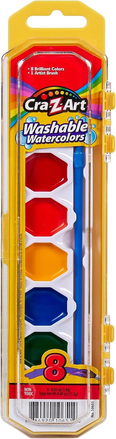 Cra-Z-art Washable Watercolors with Brush, 8 Colors, 1 Tray (10651)