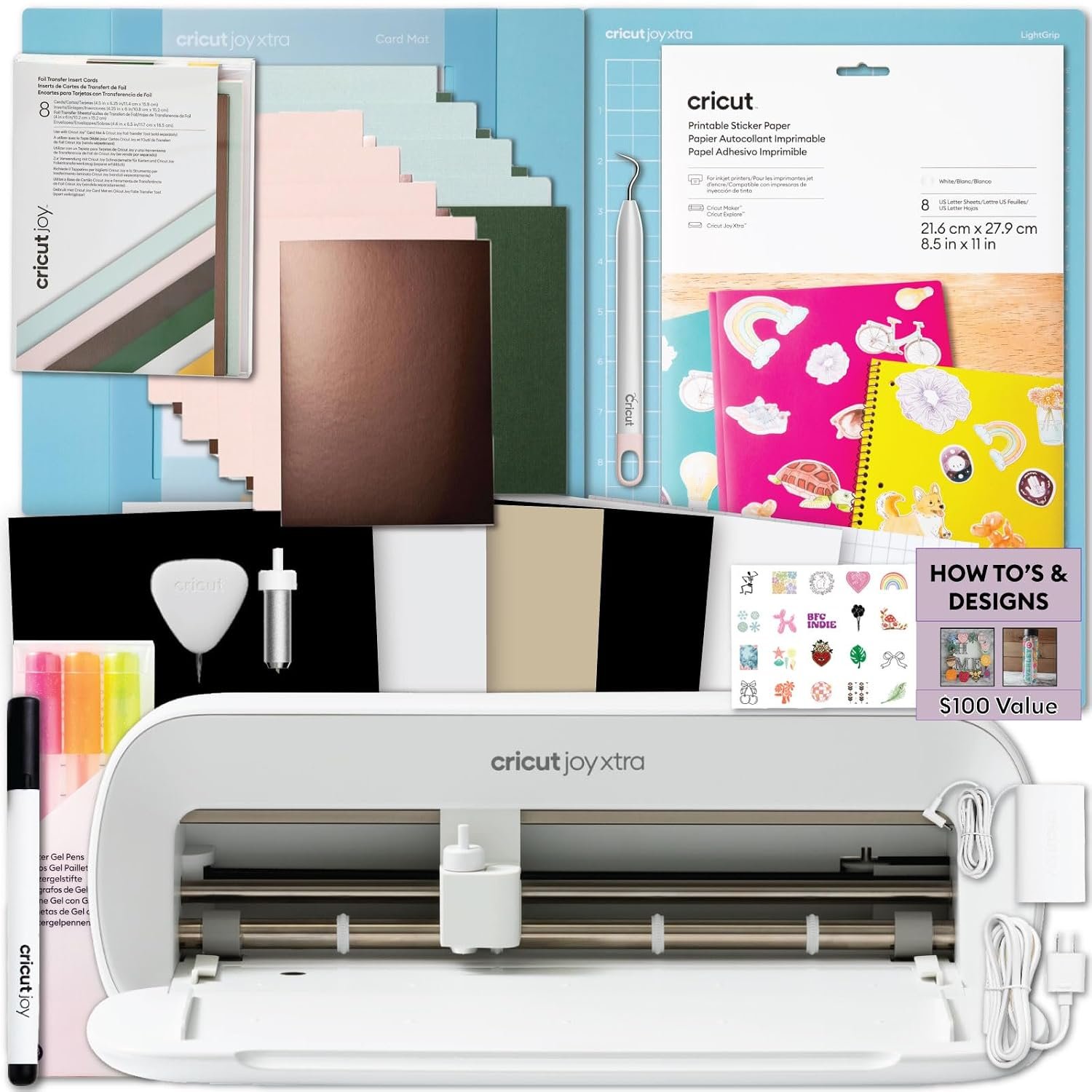 Cricut Joy Xtra Machine with Printable Sticker Paper and Card Kit Bundle – Sticker Making Set with Cutting Machine, DIY Greeting Cards with Pens and Envelopes, Craft Cutting Mats, Tools and Materials
