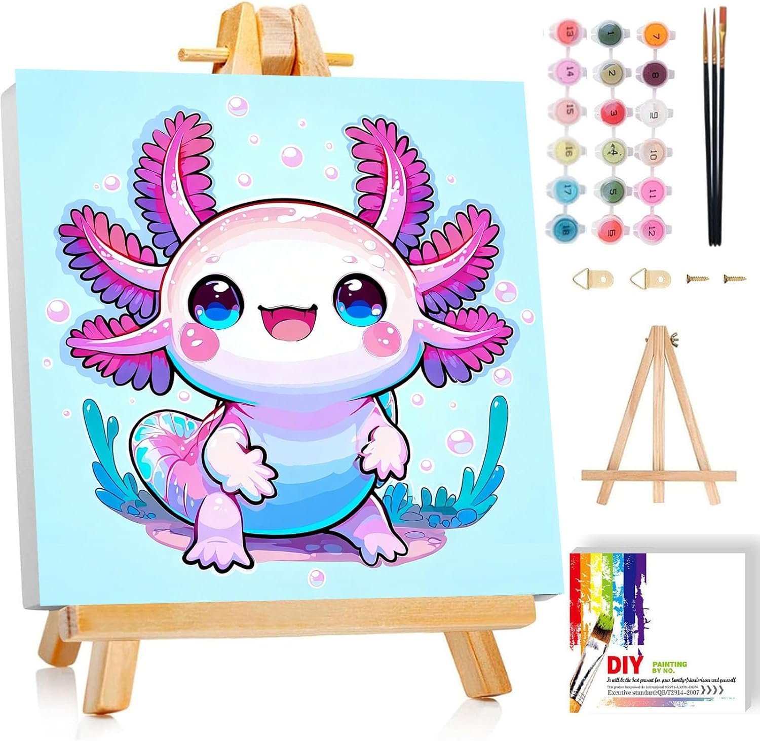 Gemozaic Axolotl Paint by Numbers Kit for Kids with Frame & Easel, 8×8 in