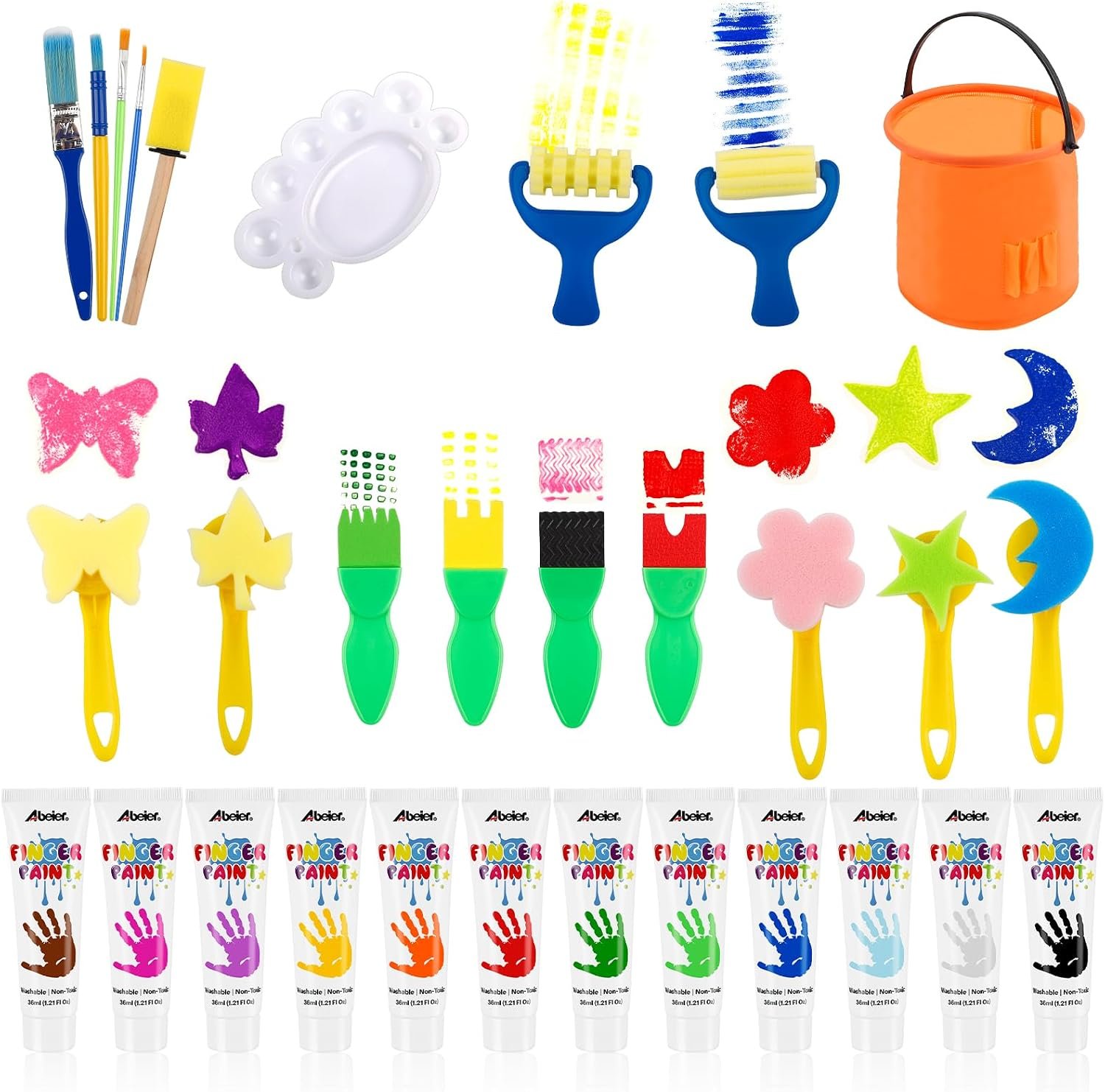 ABEIER Washable Finger Paint Kit for Toddlers 1-3, 12 Colors, 18 Tools