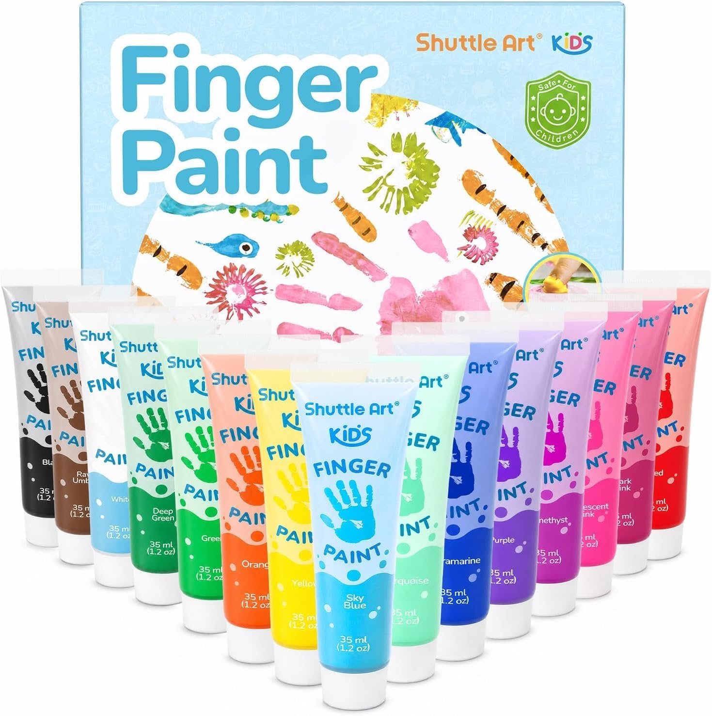 Shuttle Art Washable Finger Paint for Toddlers, 15 Vibrant Colors (1.2 fl oz) Toddler Paint, Non-Toxic Finger Painting for Toddlers 1-3, Kids Arts and Crafts