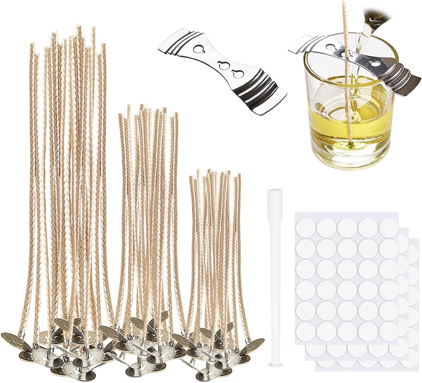 Candle Wicks 90 Pcs Thickened 4″/6″/8″ (30 Each) with 90 Pcs Wick Stickers, 1 Holders, 1 Wick Placing Tube, Low Smoke & 100% Natural Cotton Core，Candle Making Kit for Candle Making, Candle DIY