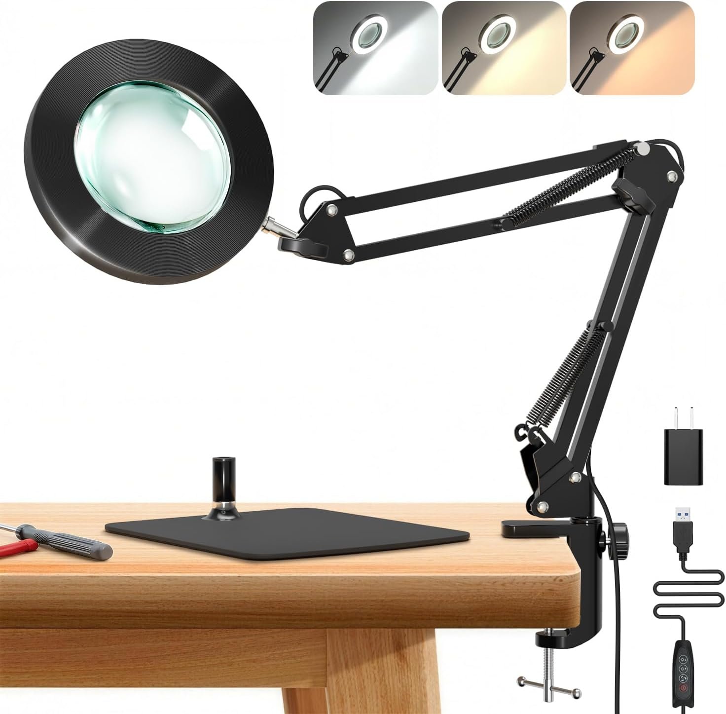 10X Magnifying Lamp with Light [Clamp and Stand], 4.3” Real Glass Lens Magnifier Desk Lamp Clip On, Metal Swing Arm LED Ring Light with 3 Color Modes & 10 Brightness for Close Work Crafts Nail