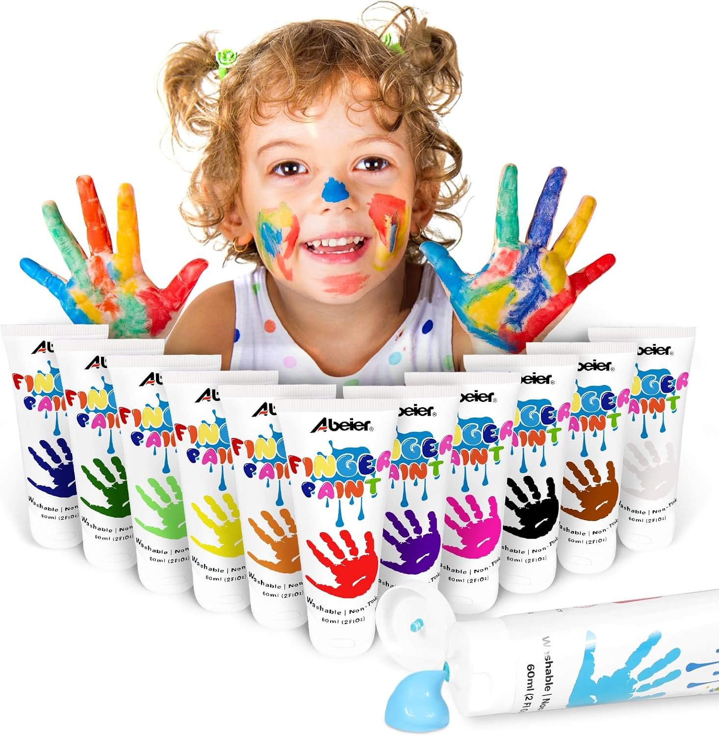 ABEIER Washable Finger Paint for Toddlers 1-3, 12 x 2 oz Non-Toxic Colors