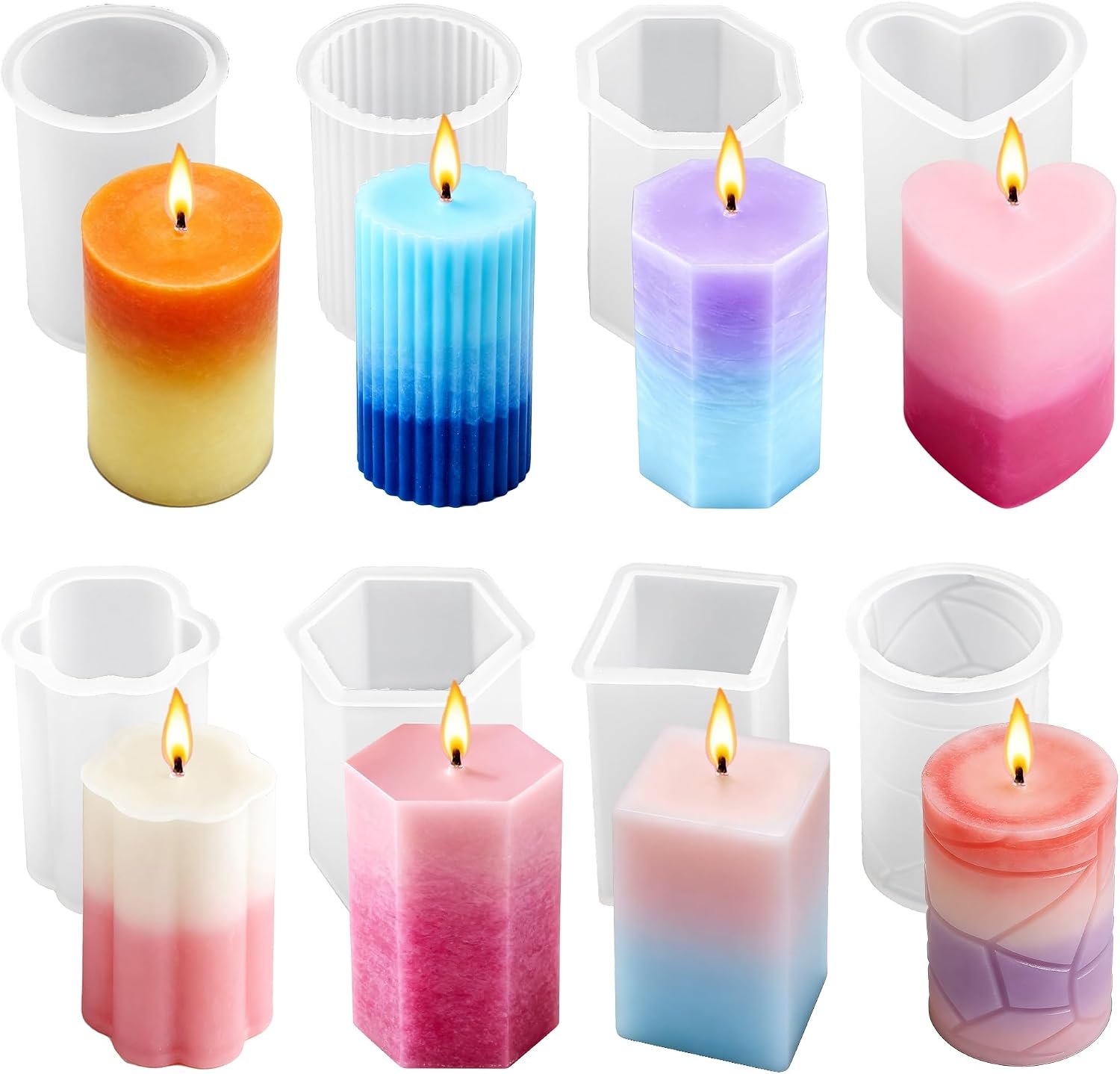 8PCS Reusable Silicone Candle Molds Set – Cylinder/Hexagon/Octagonal/Heart/Flower/Square Shapes for DIY Candle Making, Soap, Resin Crafts, Easy Release Candle Making Kit (8, Cylinder & Hexagon)