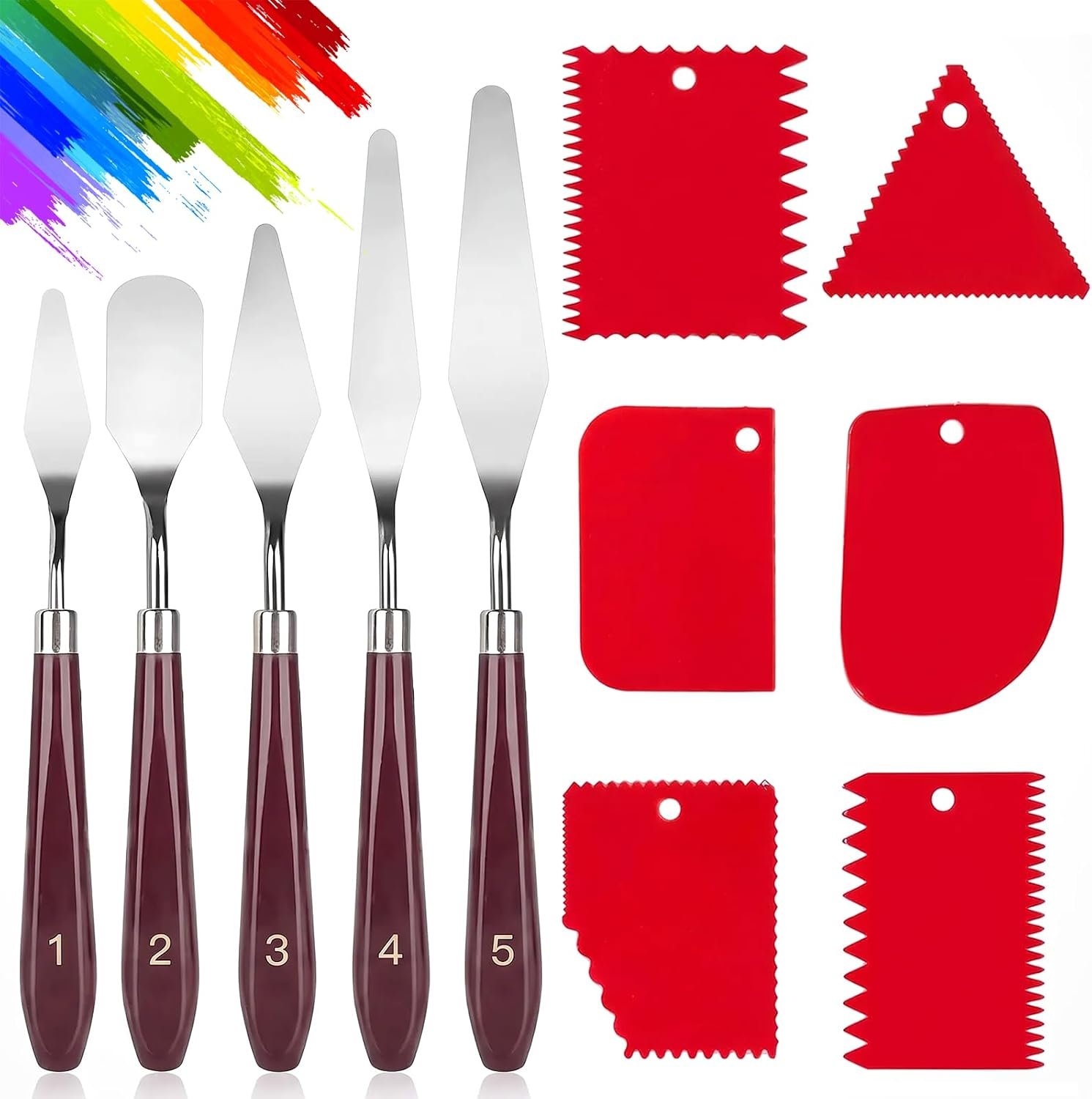 5Pcs Stainless Steel Palette Knives with 6 Plastic Scrapers, Paint Spatula Pallet Knife Art Painting Tools for Oil, Acrylic, Canvas, Gesso Primer Mixing and Cake Decorating