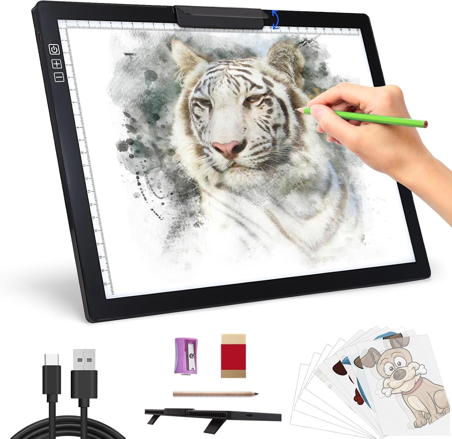 Rechargeable A4 Light Pad – Stepless Dimmable 6 Levels Brightness Tracing Light Box, Diamond Painting Light Board with Top Clip, Battery Powered Portable Light Pad for Weeding Vinyl Tracing