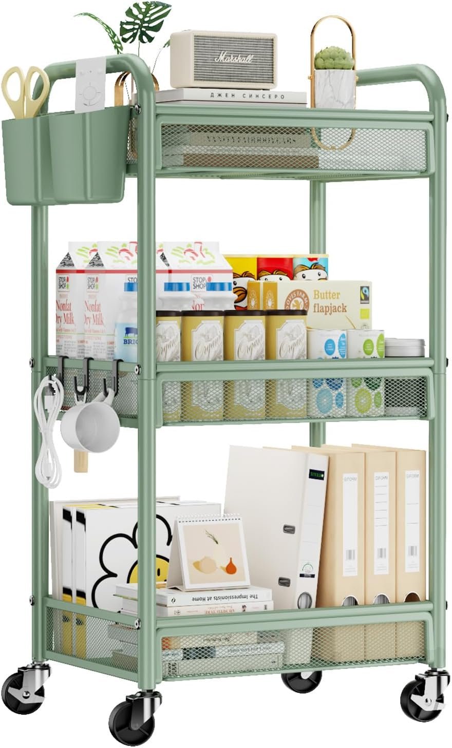 YASONIC 3 Tier Metal Rolling Cart, Green Utility Storage Cart with Wheels