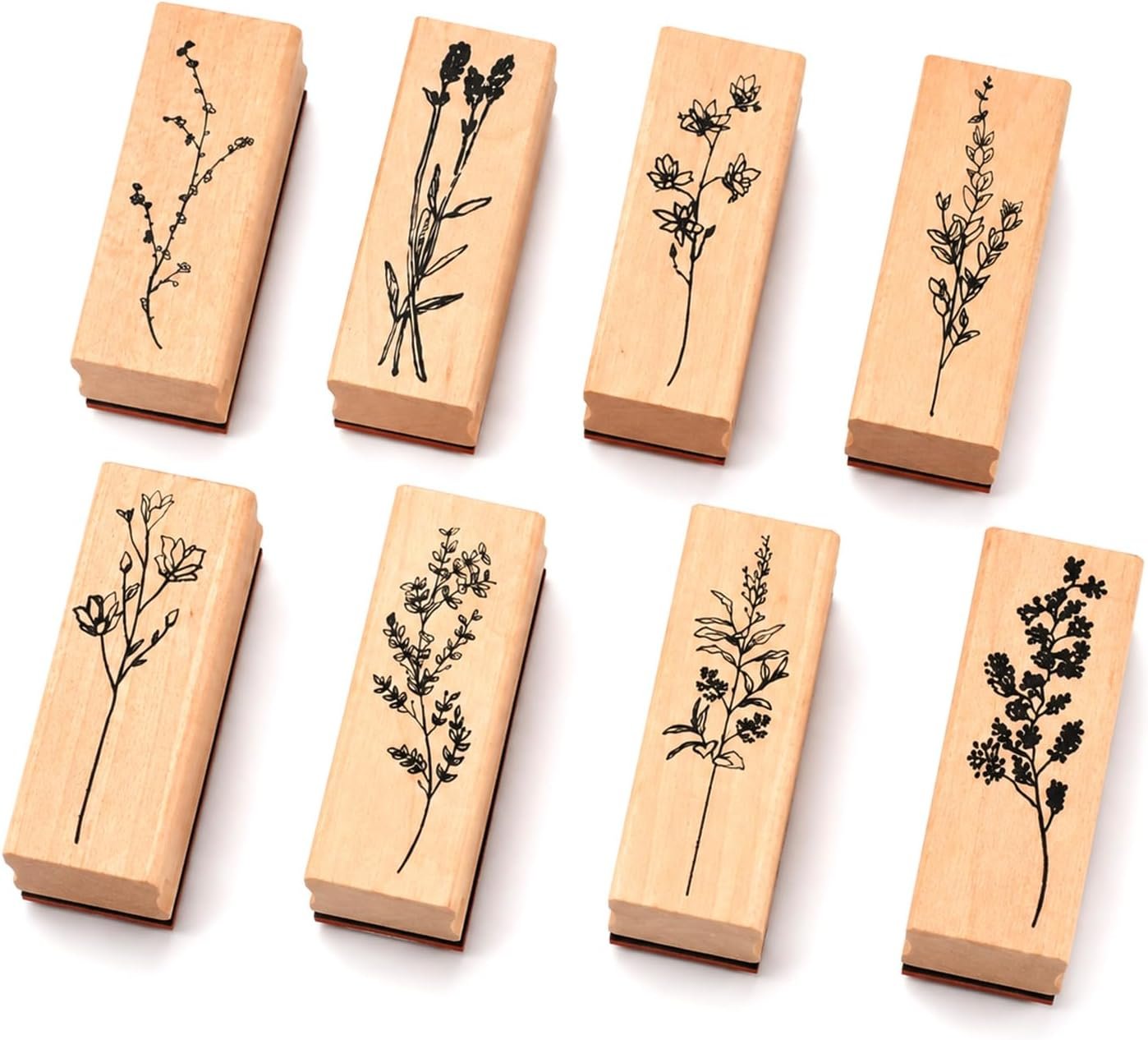 Vintage Wood Mounted Rubber Stamp Set, 8 Pcs Floral Plant Decorative Stamps for DIY Scrapbooking, Journal, Craft Cards & Gift Wrapping
