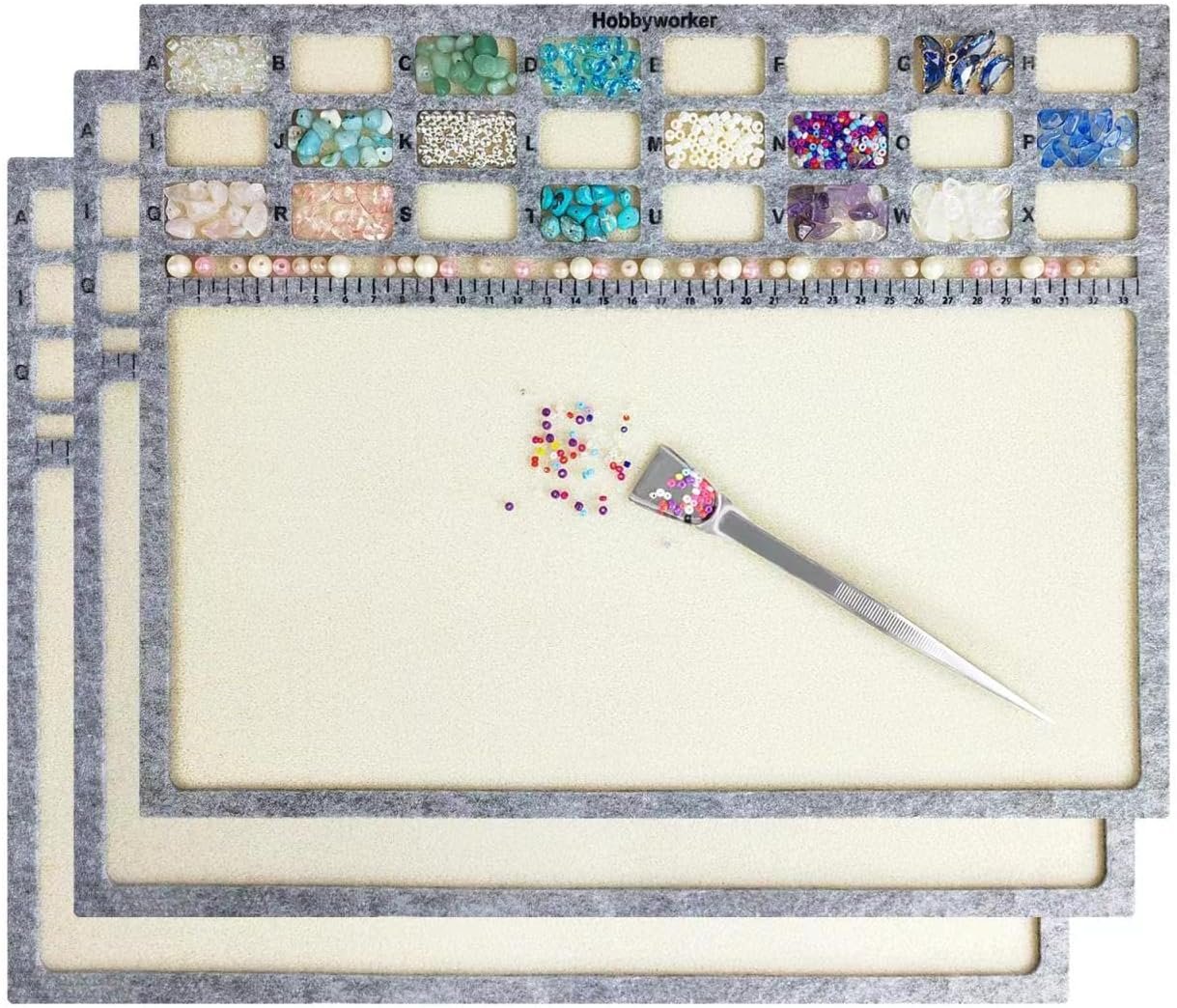hobbyworker Bead Mat,Soft Perfect Stable,Surface Flocking with Centimeter Scale 3 Pcs Set(L) and Stainless Steel Handy Tweezers with Scoop for Jewelry Making Beading Supplies