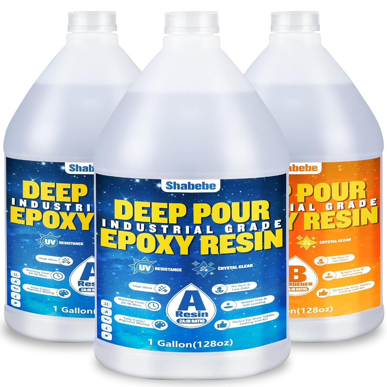 Shabebe Deep Pour Epoxy Resin 3 Gallon, Industrial Grade, Crystal Clear Epoxy Resin Kit for 2-4″ Depths, 2:1 Food Safe Casting Resin for DIY Craft,River Table,Wood,Bar Tops,Countertops