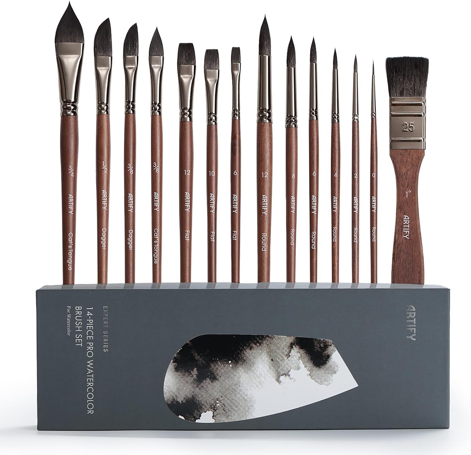 Artify Watercolor Brushes Professional, 14pcs Mixed Squirrel Hair Watercolor Paint Brush Set – Balanced Spring & Watercolor Absorption & Paint Release, Round/Flat/Filbert/Angled/Liner Tips