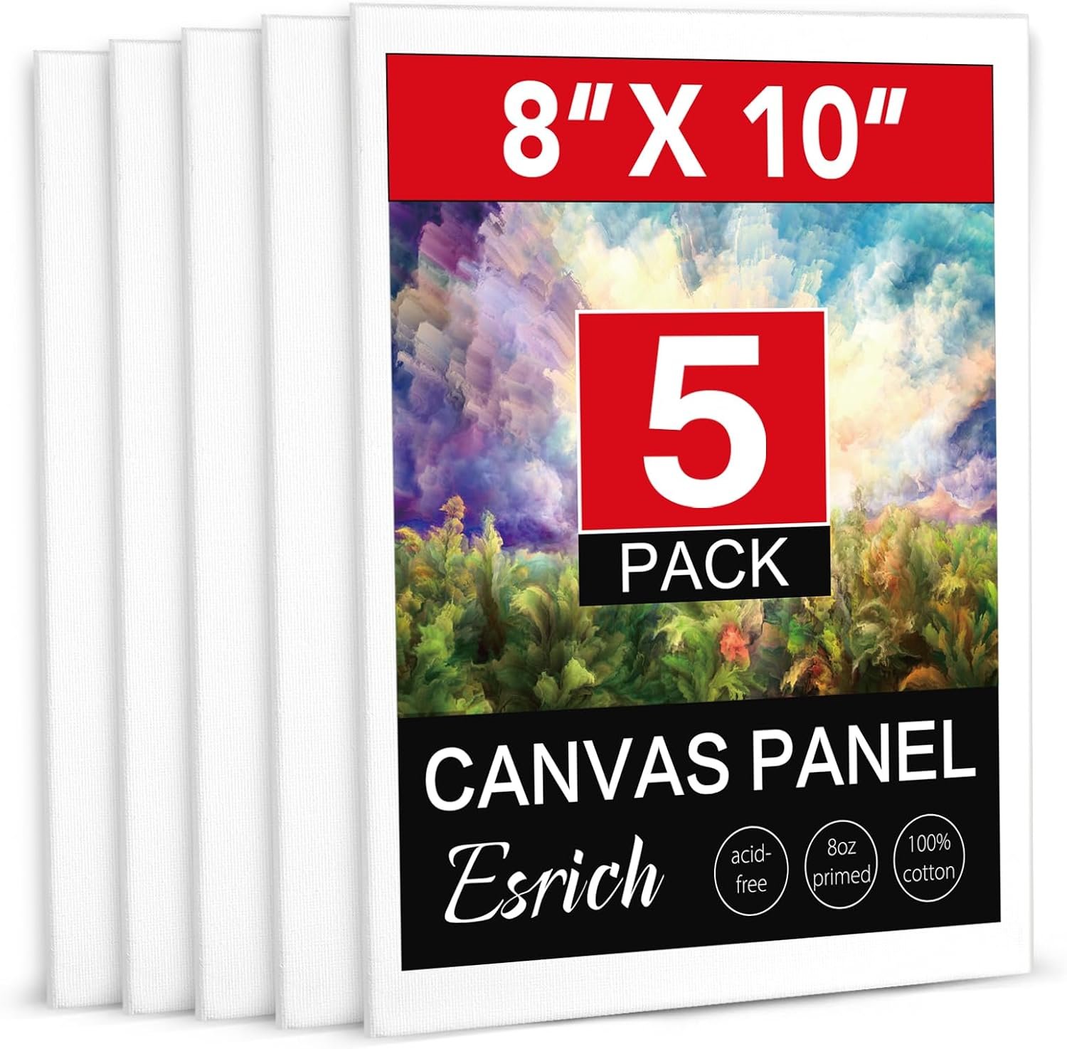 ESRICH Canvas Boards for Painting, 5 Pack Canvases for Painting 8×10 Cotton Primed Acid Free Blank Canvas Panels for Oil Paint, Watercolor, Acrylic Paint, Gouache and Tempera.
