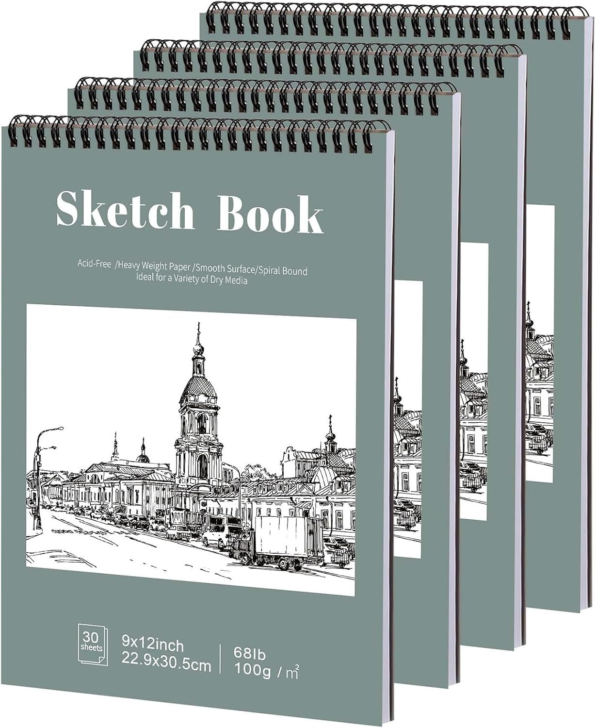 4 Pack Sketch Books 9 x 12 in, Top Spiral, 30 Sheets, Acid Free Paper