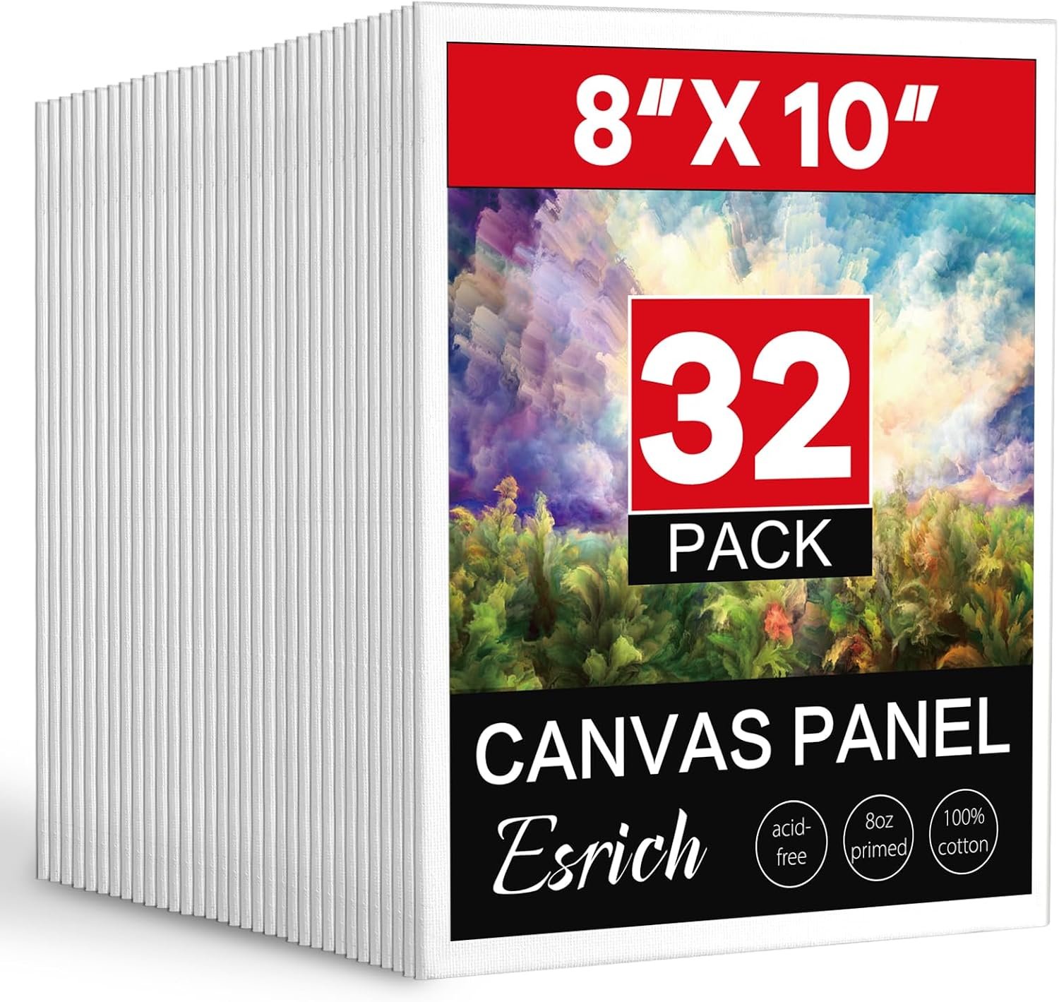 ESRICH 8×10 Canvas for Painting, 8×10 Inch Value Pack of 32, Canvas Boards for Painting, Painting Canvas for Adult & Kids-Cotton Primed Blank Canvas Panels for Oil, Watercolor, Acrylic, Tempera.