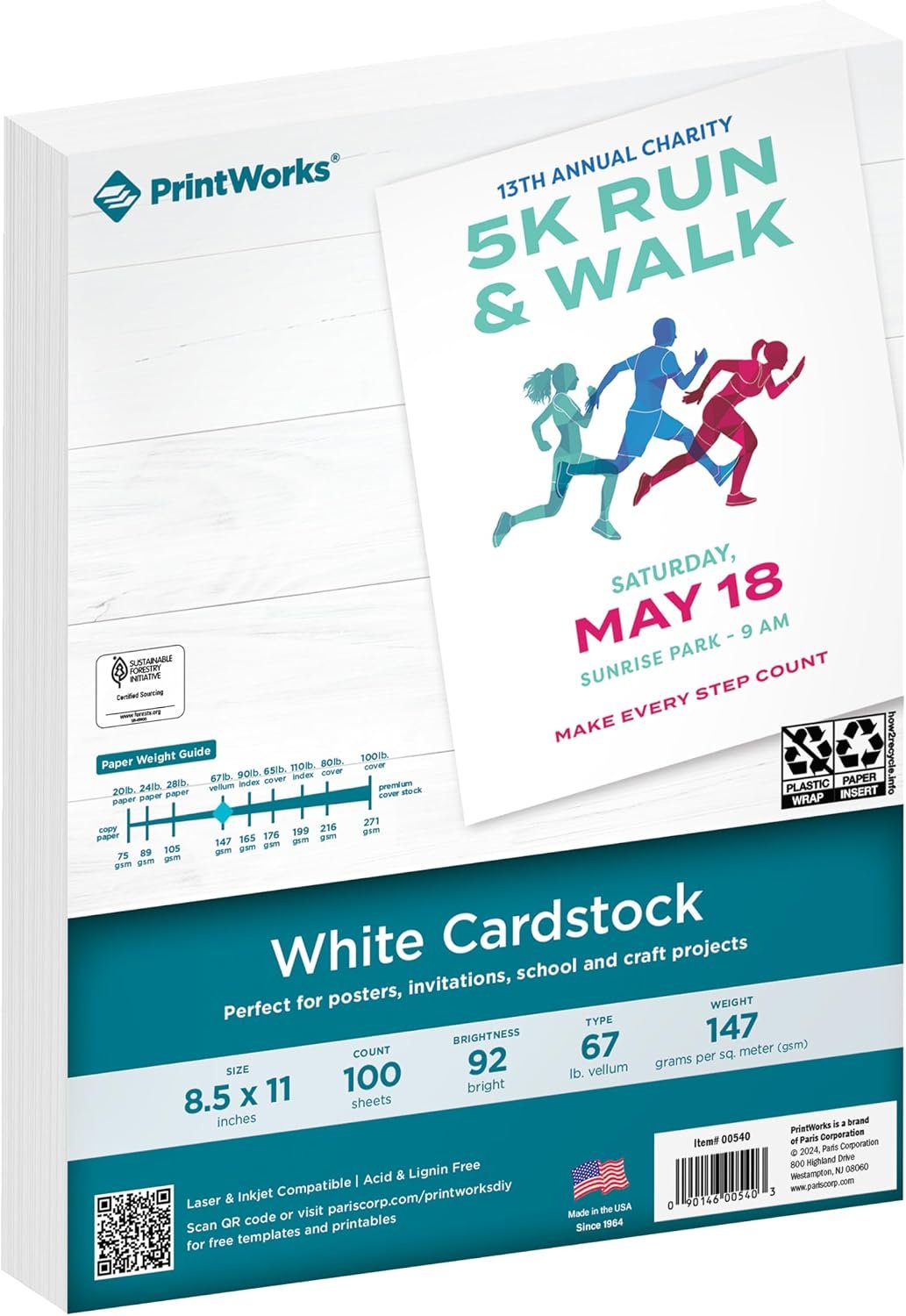 PrintWorks White Cardstock 8.5″ x 11″ – 67 lb/147 gsm Vellum Bristol – 100 Sheets – Made in the USA – SFI® Certified – 92 Bright – Card Stock Printer Paper for School, Craft, & Office Use (00540)