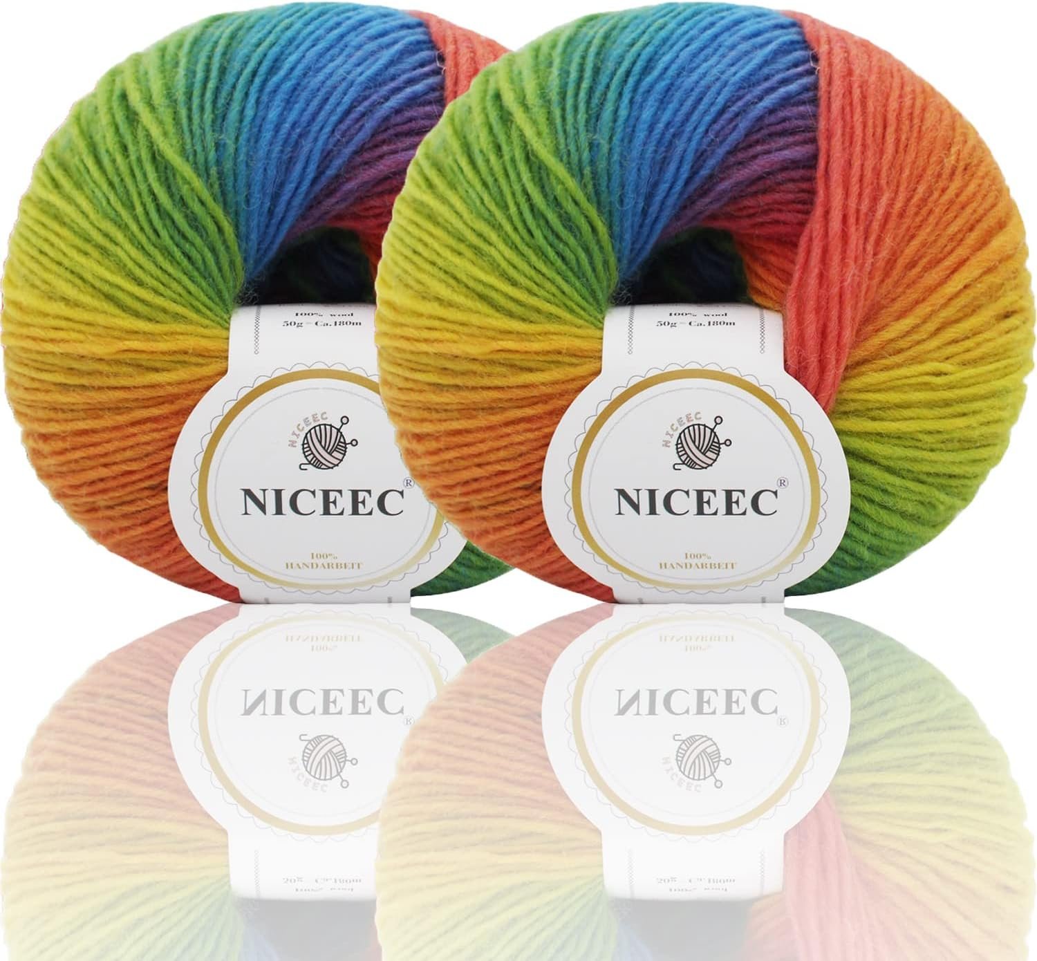 NICEEC 2 Skeins 100% Wool Rainbow Yarn 180m x2(196yds x2,50g x2)-11