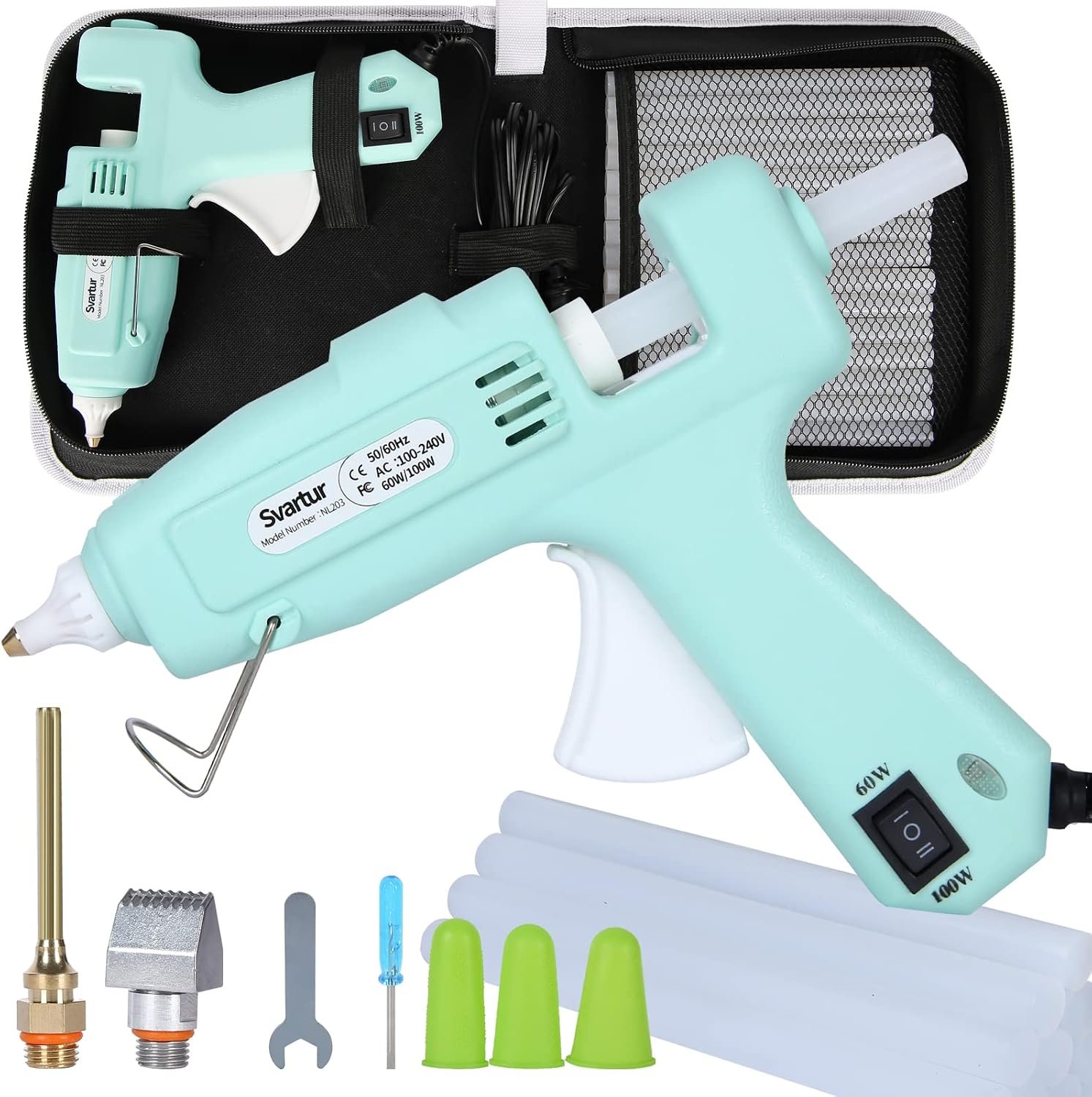 Full Size Hot Glue Gun Kit with 60W/100W/OFF Switch, 9.8ft Extra-long Power Cord Industrial Glue Gun with 2 Nozzles, 15 Glue Sticks, Case, Dual Power High Temp Hot Melt Glue Gun Large for Craft, Green