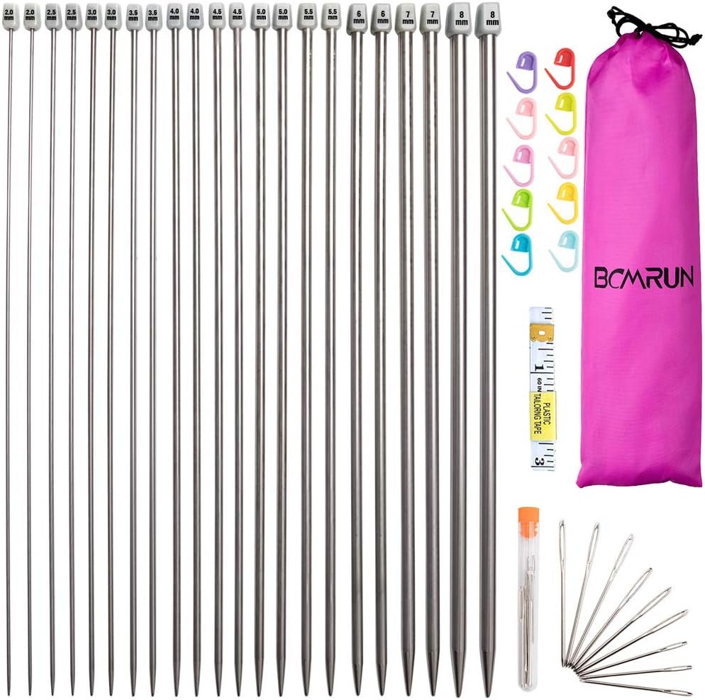BCMRUN Knitting Needle Set, 22PCS 2mm(B)-8mm(L) Straight Single Pointed Stainless Steel Sweater Needles Set(11Pair-11 Size,9.8 inch) with Locking Stitch Makers Large-Eye Needles Measure Tape (36CM)