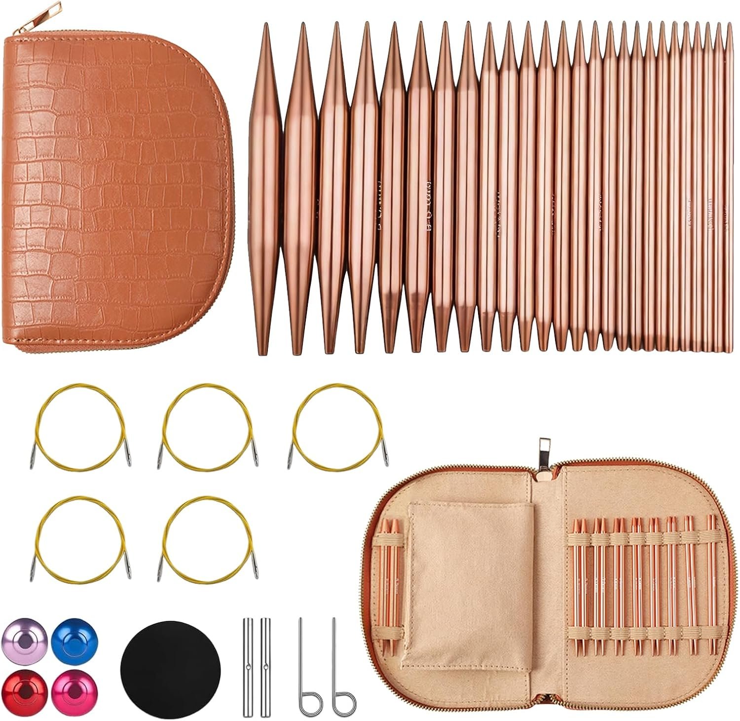 LYMIGER 13 Pairs Interchangeable Circular Knitting Needles Set, 4in Knitting Needles Set Aluminum 3-10mm with 20cm, 40cm, 60cm, 80cm, 100cm Rotatable Cables, Knitting Accessories and Case (Rose Gold)