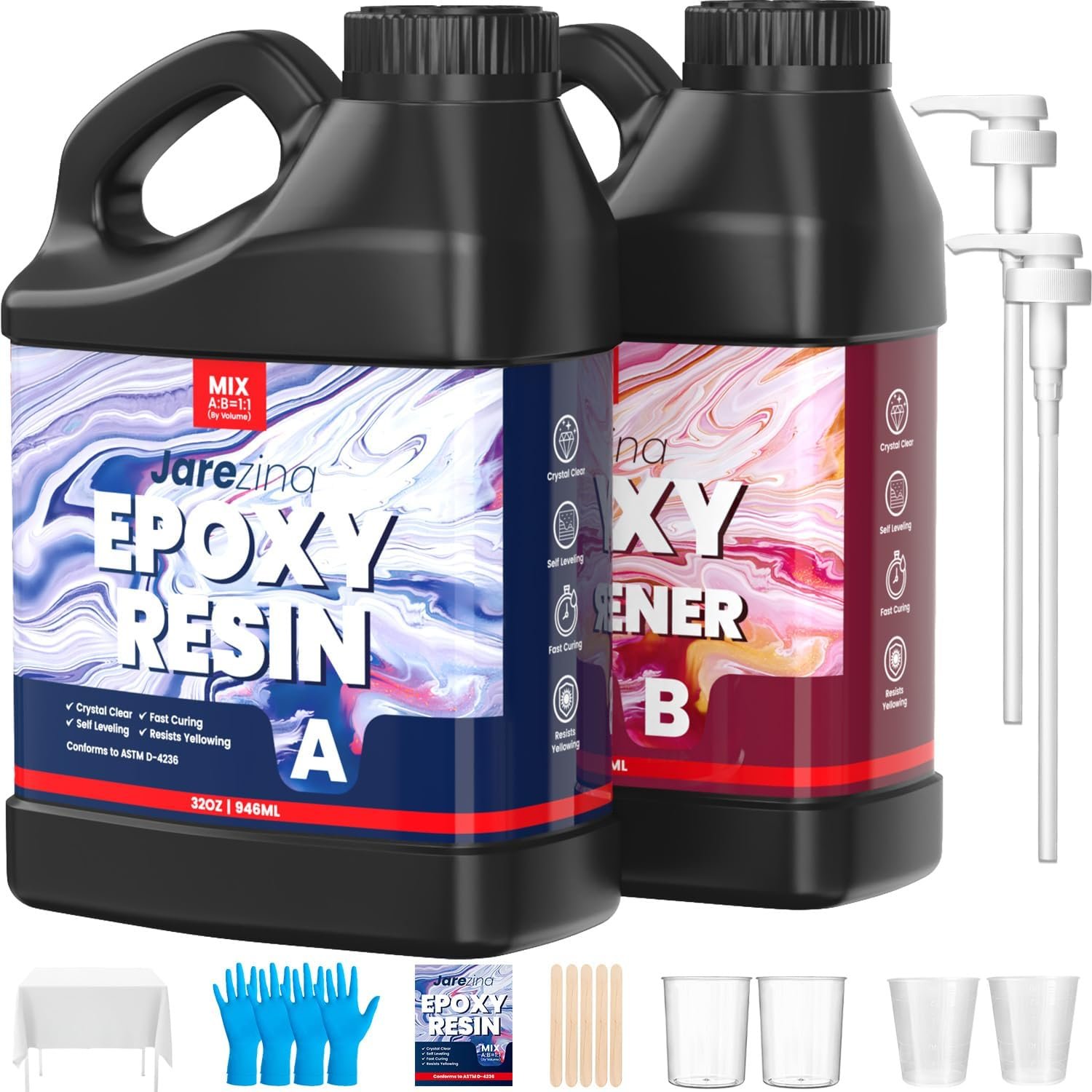 Jarezina 64OZ Epoxy Resin Kit, 1:1 Easy Mix Casting Resin for Crafts