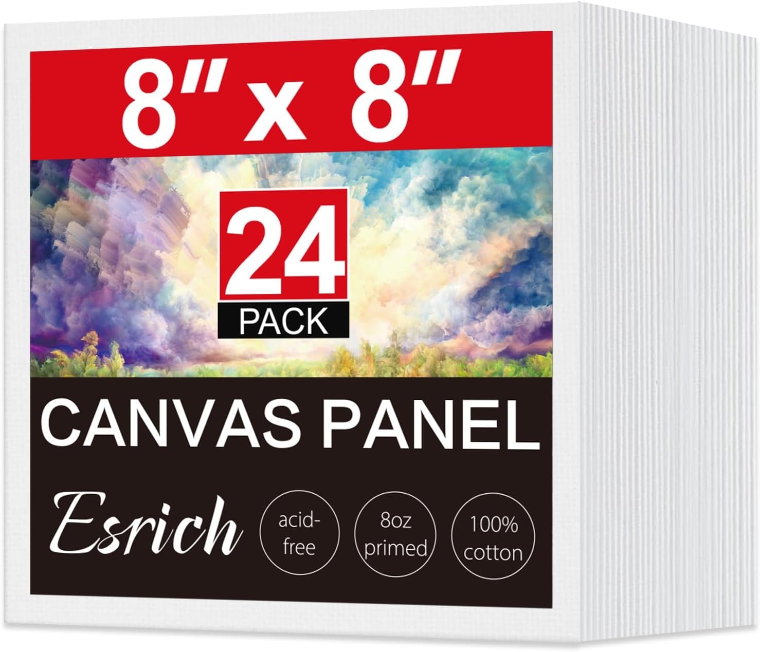 ESRICH Canvas for Painting, 24 Pack Square Canvas Boards for Painting 8×8 Cotton Primed Acid Free Blank Canvas Panels for Oil Paint, Watercolor, Acrylic Paint, Gouache and Tempera.
