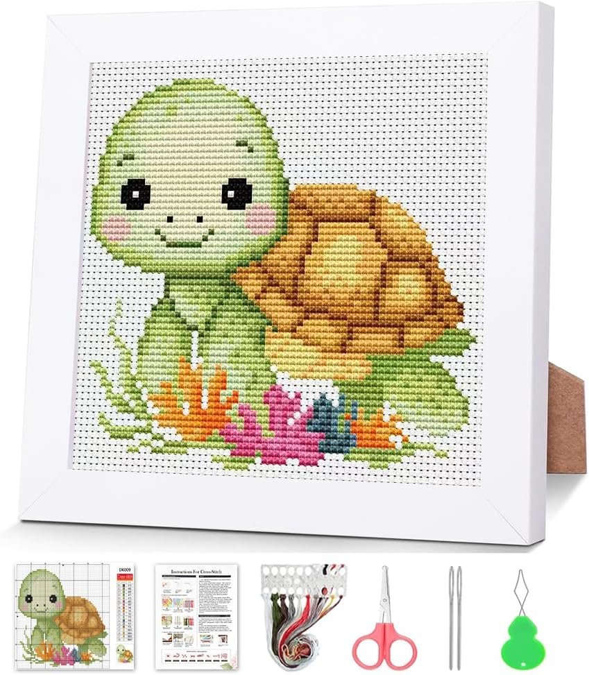 VIGEGU Turtle Stamped Cross Stitch Kits for Adult Beginner with Frame