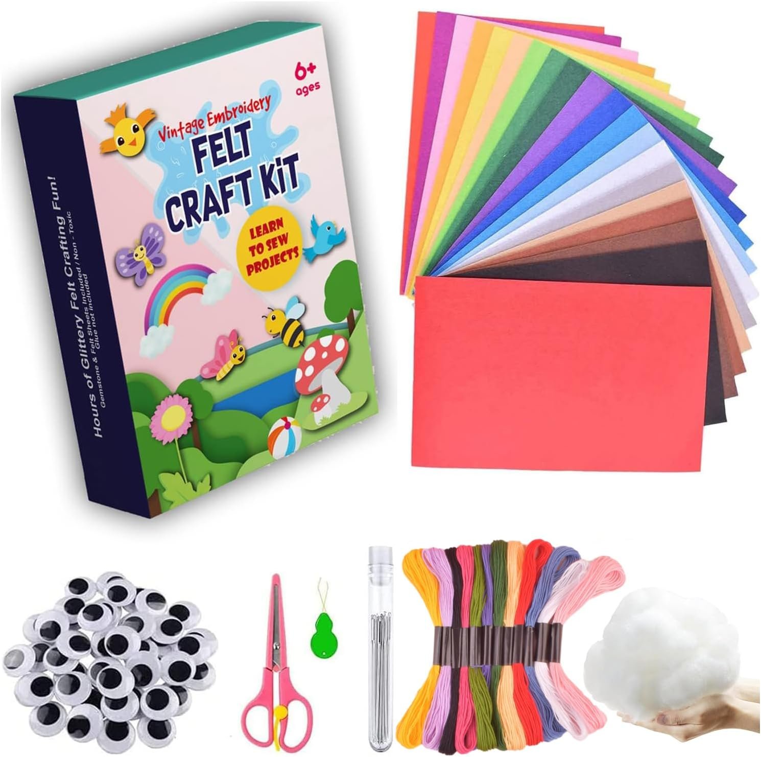 Full Sewing Felt Sheets Craft Kit, 20Pcs 8″x 12″ Assorted Color Craft Felt Sheets, with Wiggle Eyes, Embroidery Floss Etc for Crafts DIY, Home Decor, Sewing,School Projects
