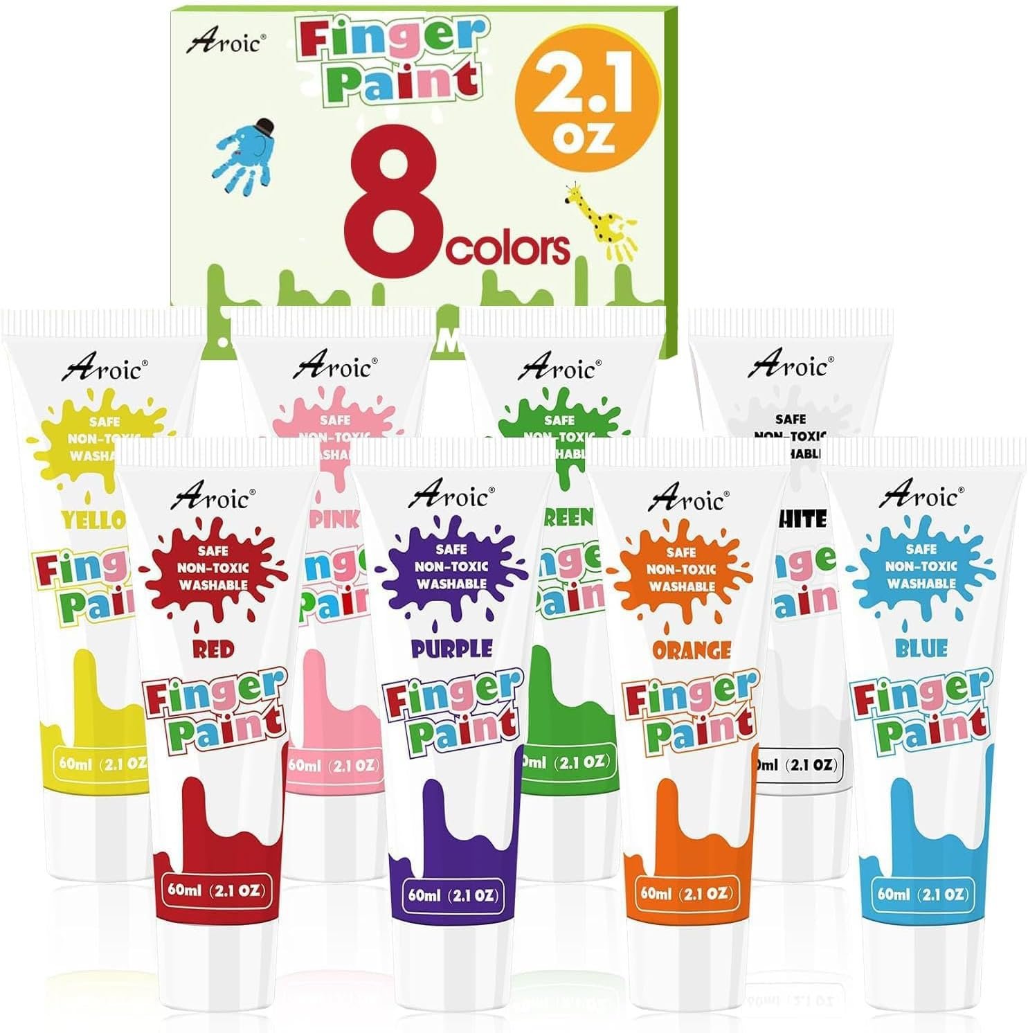 AROIC Non-Toxic Finger Paint Set – Vibrant Washable 8 Colors (60ml)