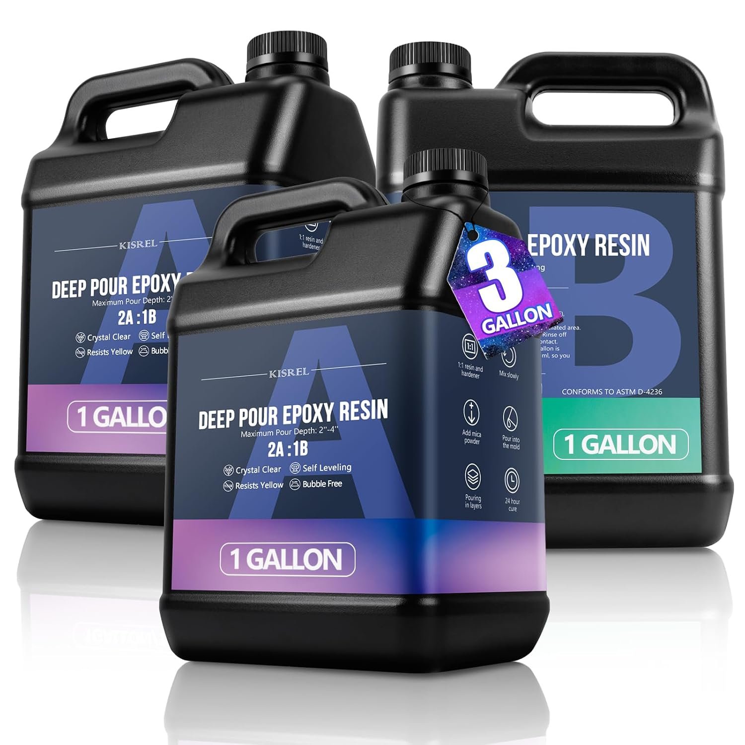 KISREL 3 Gallon Deep Pour Epoxy Resin Kit, 2:1 Clear 2-4″ Casting Resin