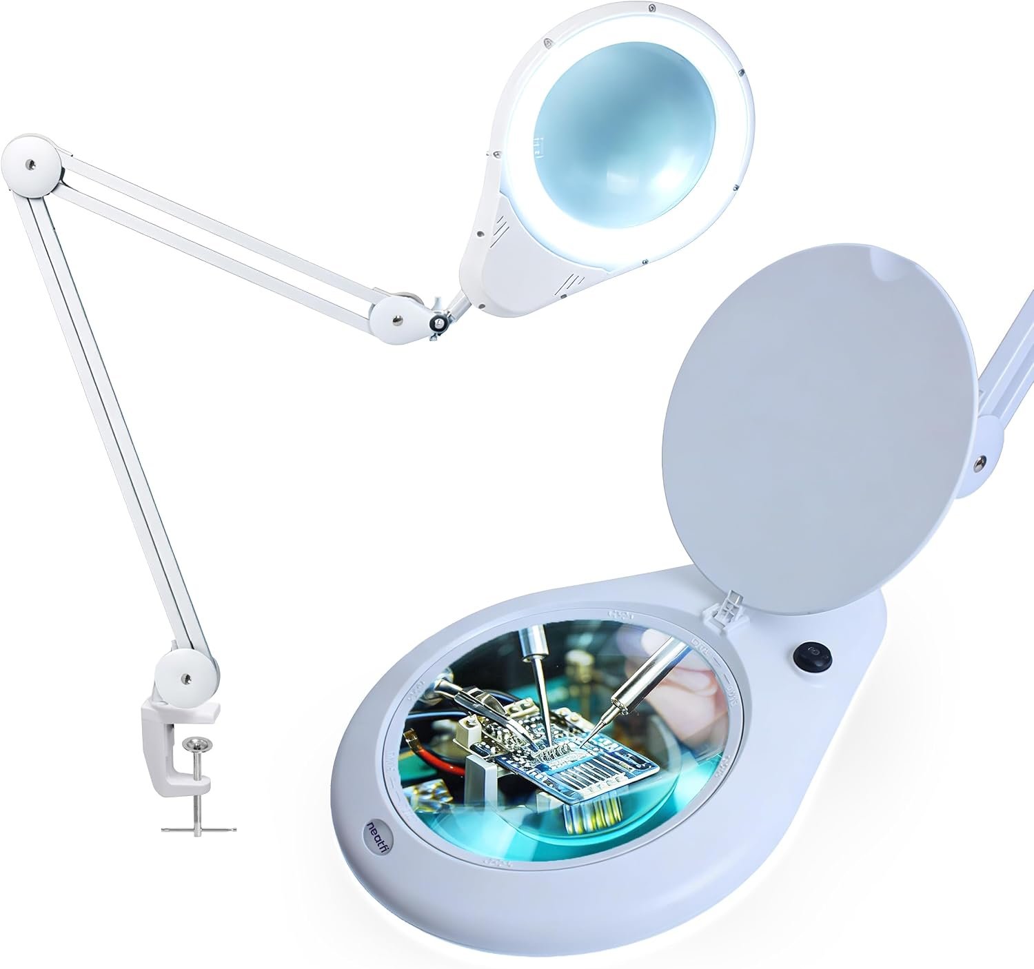 Neatfi Elite HD LED Magnifying Lamp with Clamp, 7-Inch 5D Lens (White)
