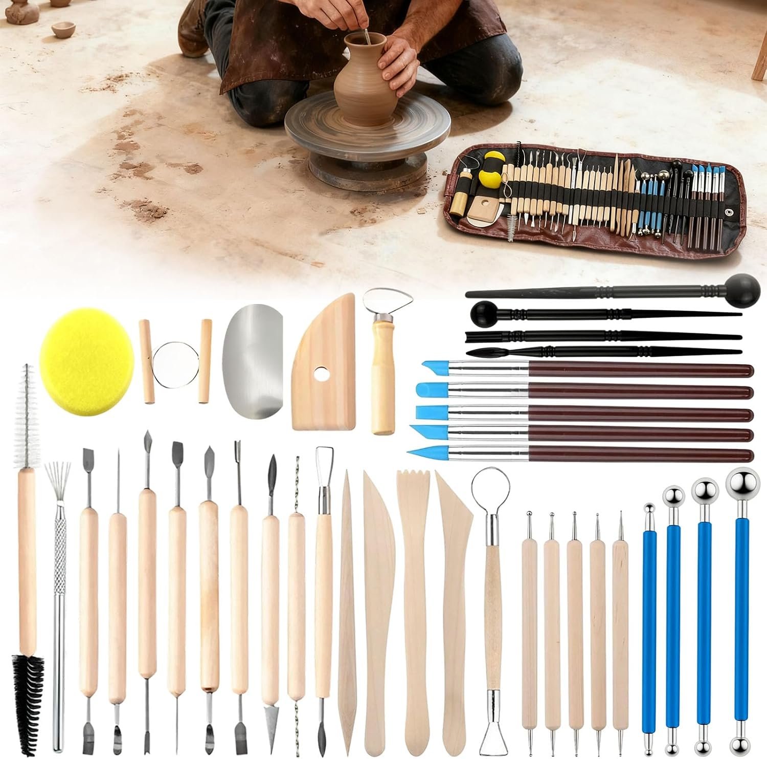 Pottery Clay Sculpting Tools Kit: 39Pcs Foam Clay for Stippling Carving Shaping Molding with Storage Bag – Air Dry Clay for Professional Polymer Artists Even Beginners