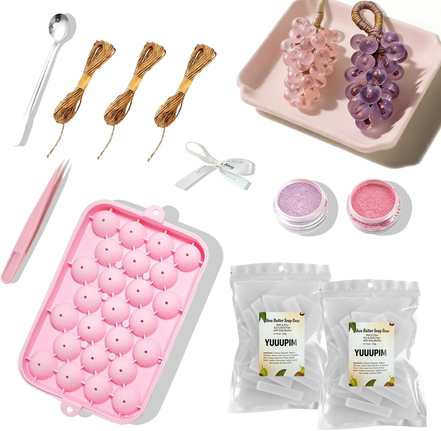 DIY Grape Soap Making Kit for Beginners – Complete Handmade Craft Set with 2 Natural Soap Bases, Silicone Molds, Mica Powder, Jute Rope & Tools, Creative Home Decor, Gift Ready