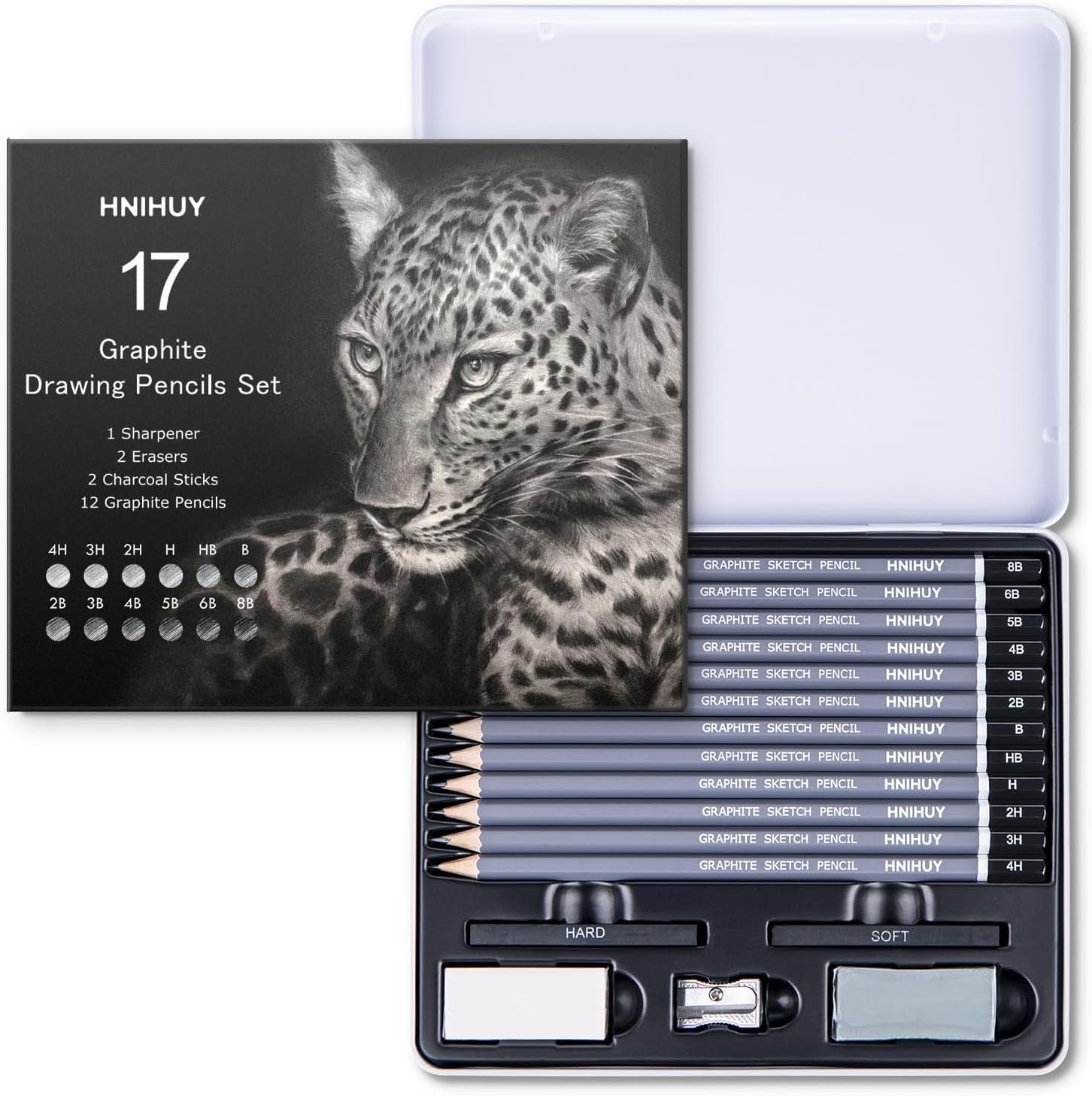 HNIHUY Sketch Drawing Pencils Set, 17 Pcs, Graphite Pencils (8B-4H)