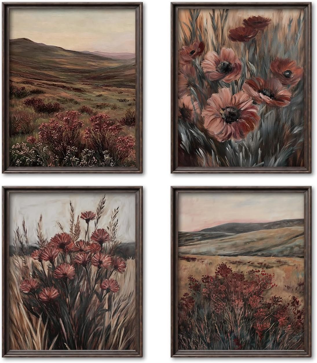 NaZaUK Fall Wall Art Set of 4, Autumn Floral Decor, Rustic Farmhouse Prints