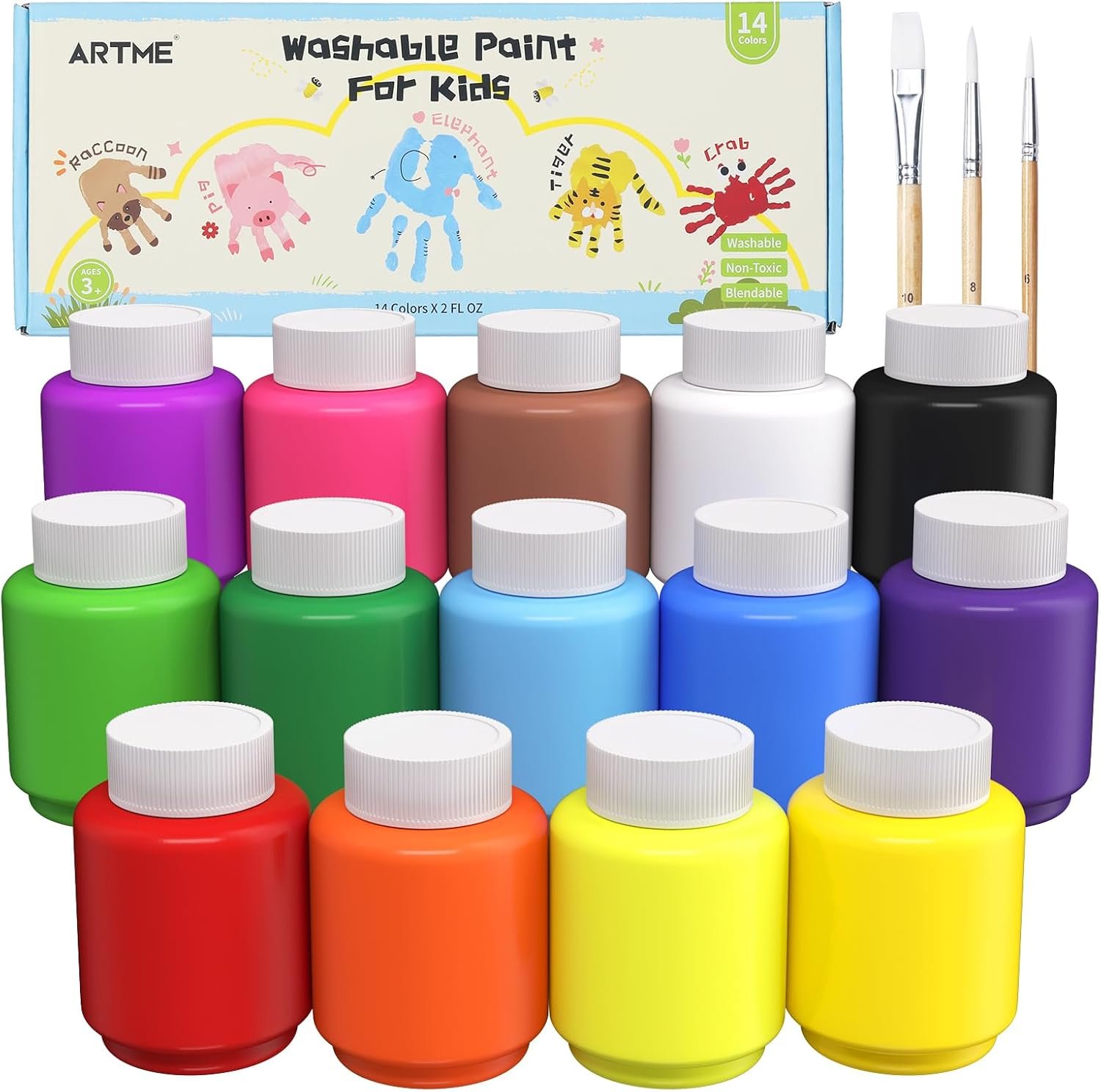 ARTME Washable Paint for Kids, 14 Colors x 2 oz Finger Paint with 3 Brushes