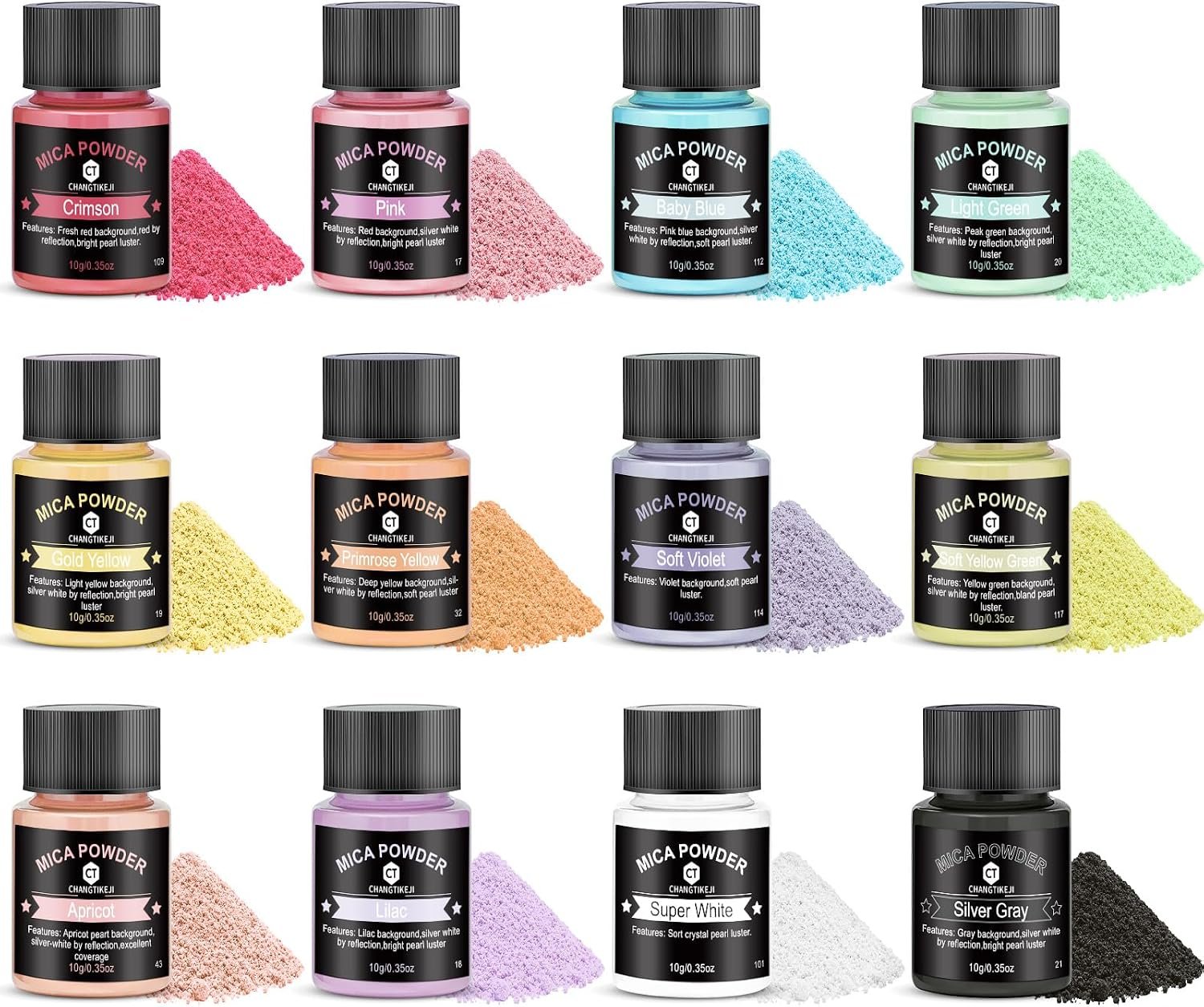 Mica Powder 12 Colors Pearlescent Pigment – for Resin Epoxy, Soap Making, Nail Polish, Lip Gloss, Eye Shadow, Bath Bomb, Slime & Candle – 10g Each Bottle(Pastel Hues)
