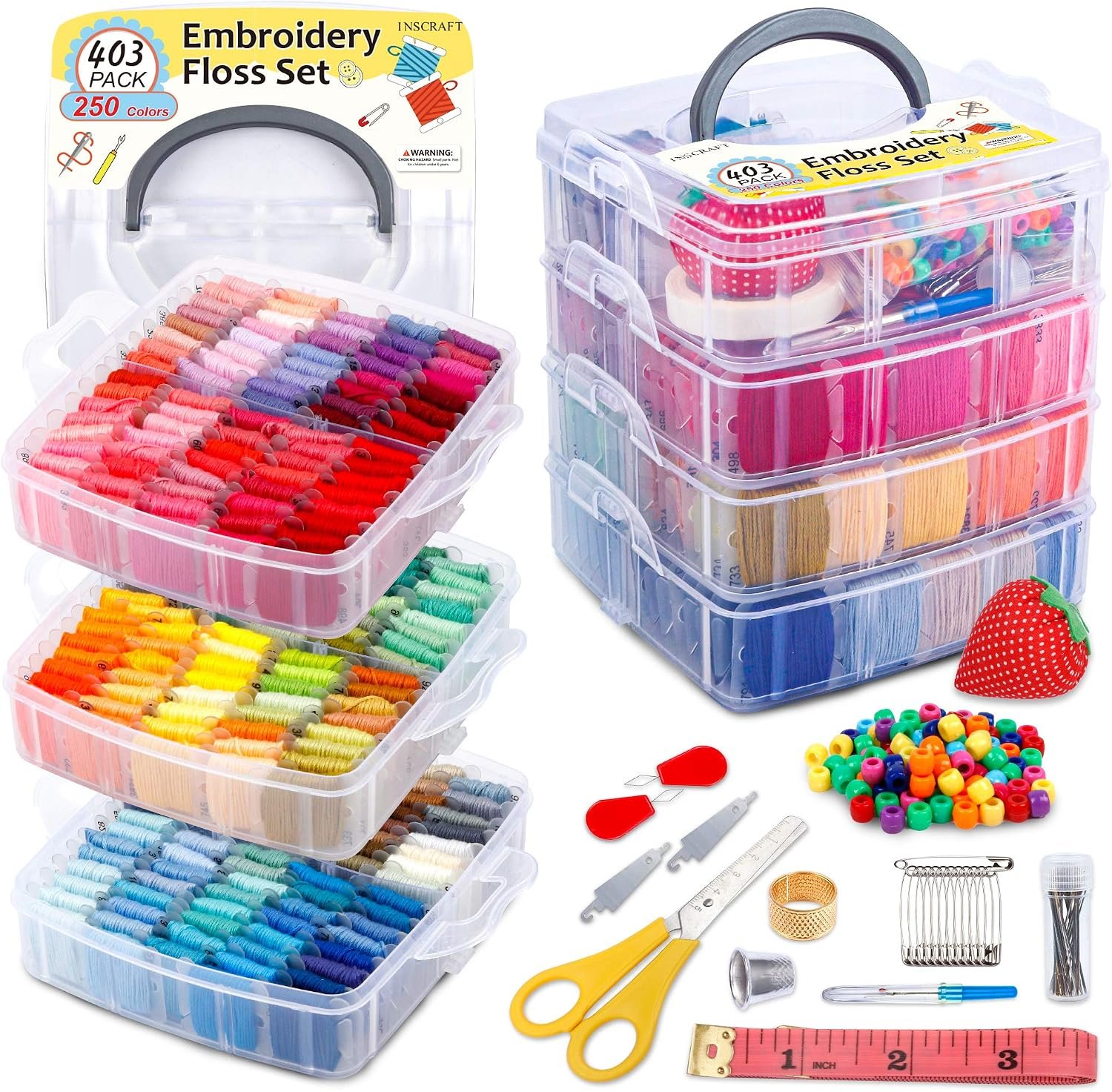 INSCRAFT 403 Pack Embroidery Kits for Adults, 250 Colours Embroidery Threads, Cross Stitch Kits for Beginners Bracelet and Craft Making, 153 Pcs Cross Stitch Tool, 4-Tier Transparent Craft Storage Box