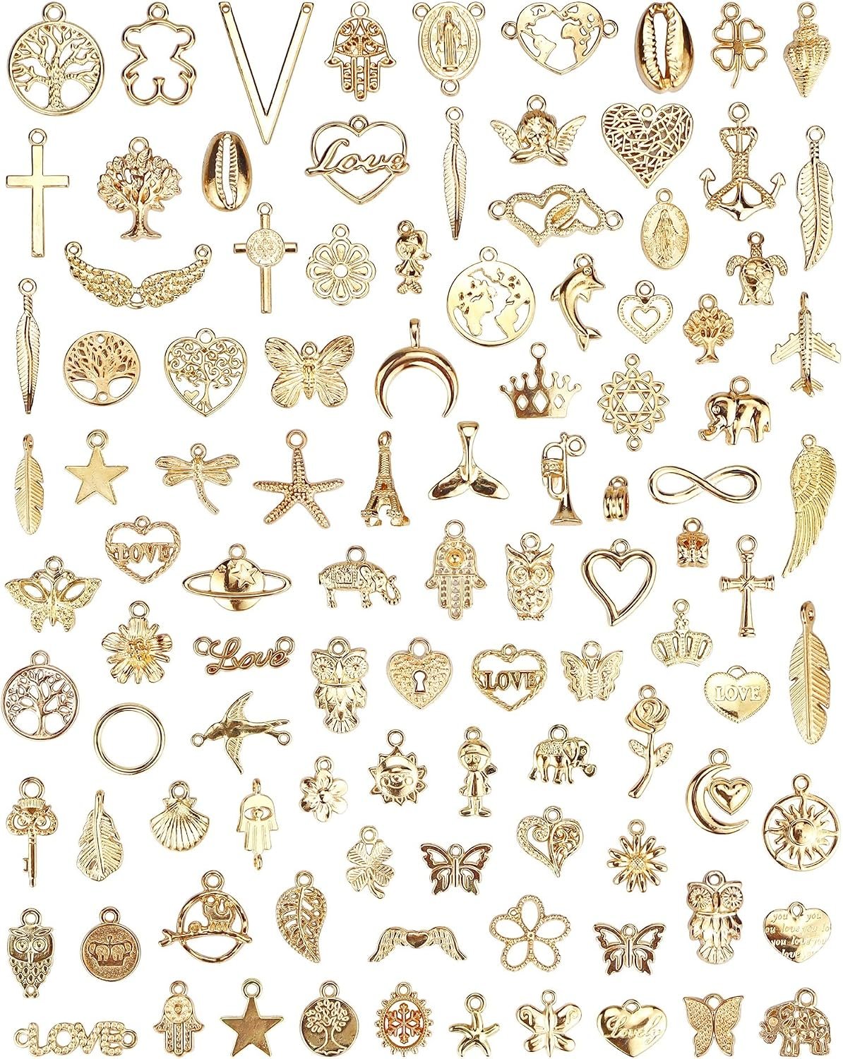 100 Pcs Wholesale Bulk Lots Jewelry Making Charms, Mixed Golden KC Gold Alloy Charms Pendants for Necklace Bracelet Jewelry Making and Crafting supplies