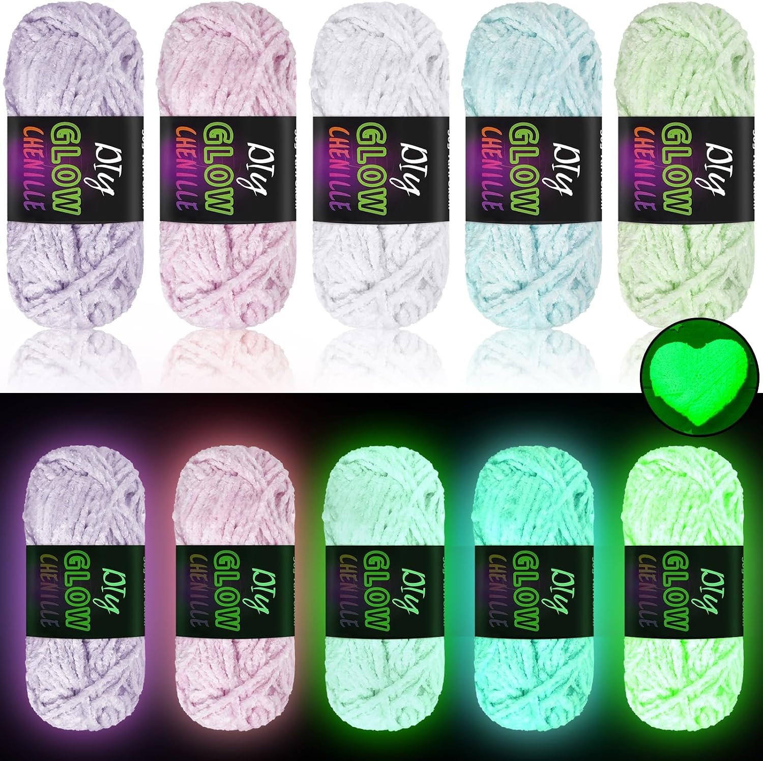 Fanfanwin 5 Rolls Glow in The Dark Chenille Yarn for Crocheting, Fresh