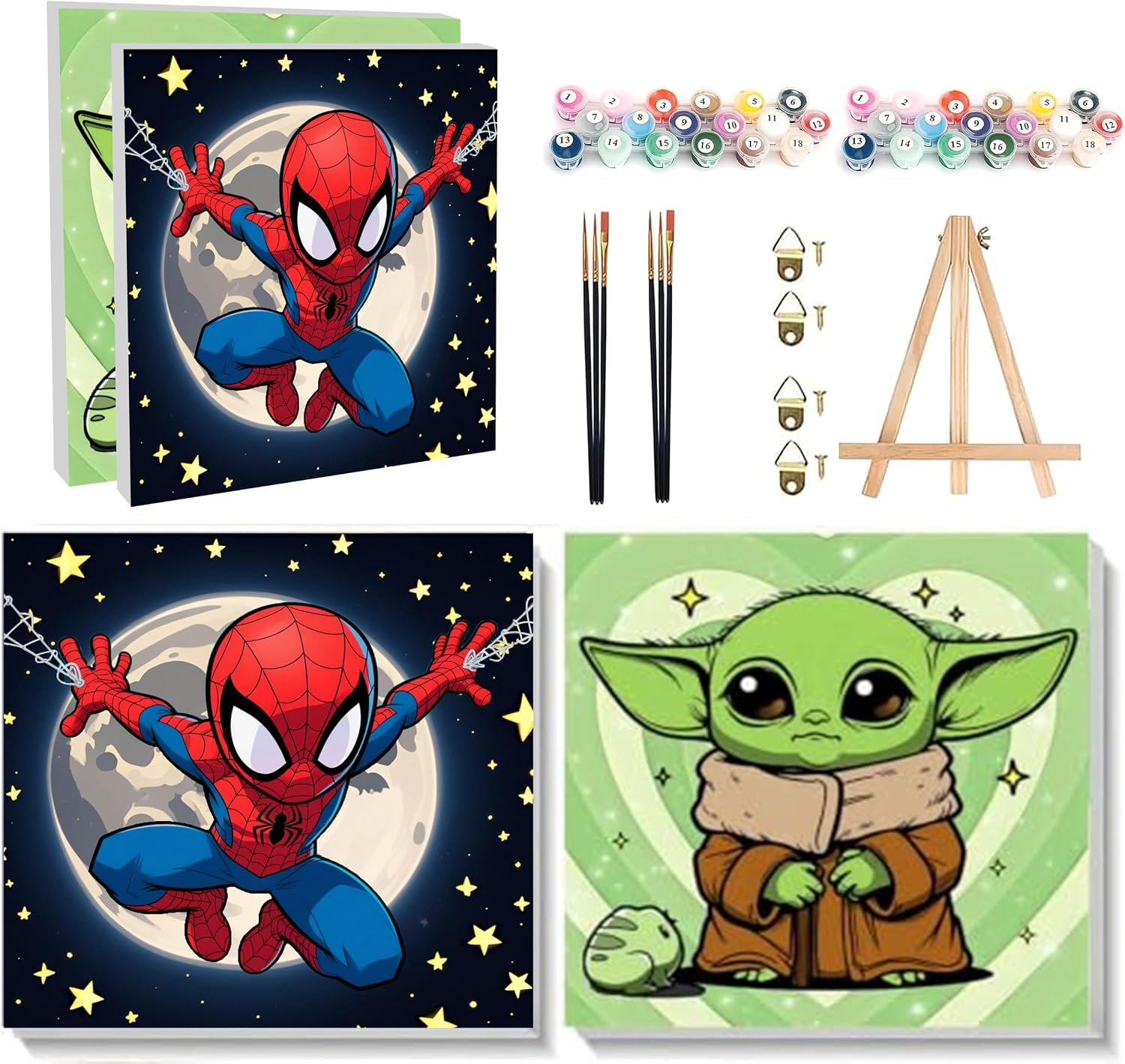 2 Pack Cartoon Paint by Numbers Kit for Kids with Frame Wooden Easel