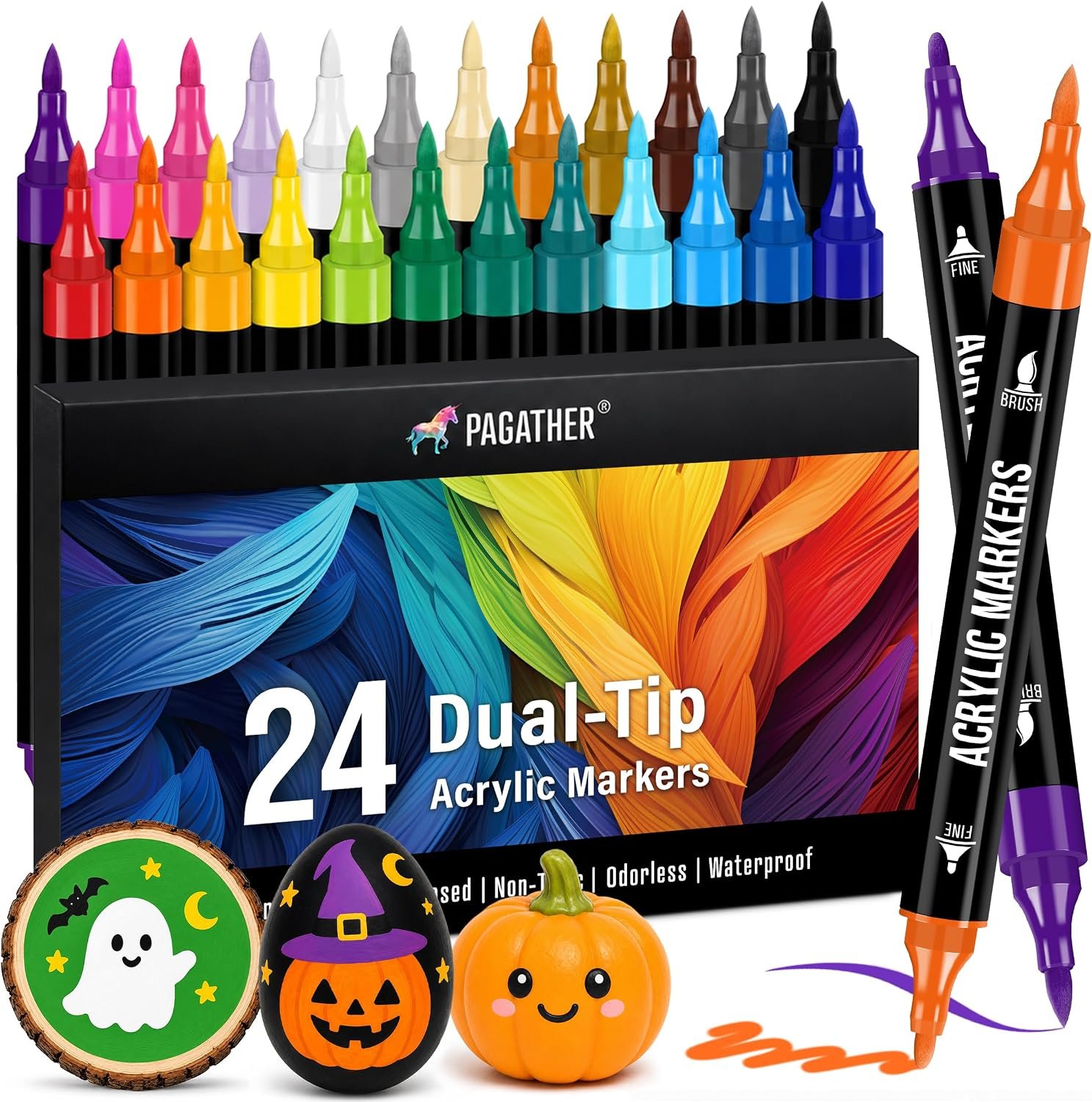 Pagather Acrylic Paint Markers, 24 Colors Dual Tip Fine & Brush Pens Set