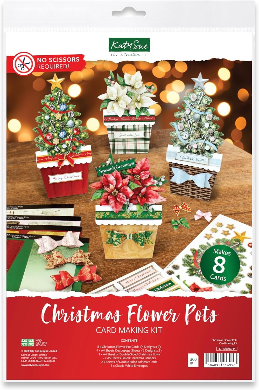 Katy Sue Christmas Flower Pots Card Making Kit. Contains 8 x 300 GSM Cards, Envelopes, 3D Die-Cut Decoupage, Paper Bows, Sticky Foam Pads & 2 Sheets of Christmas Sentiment Banners