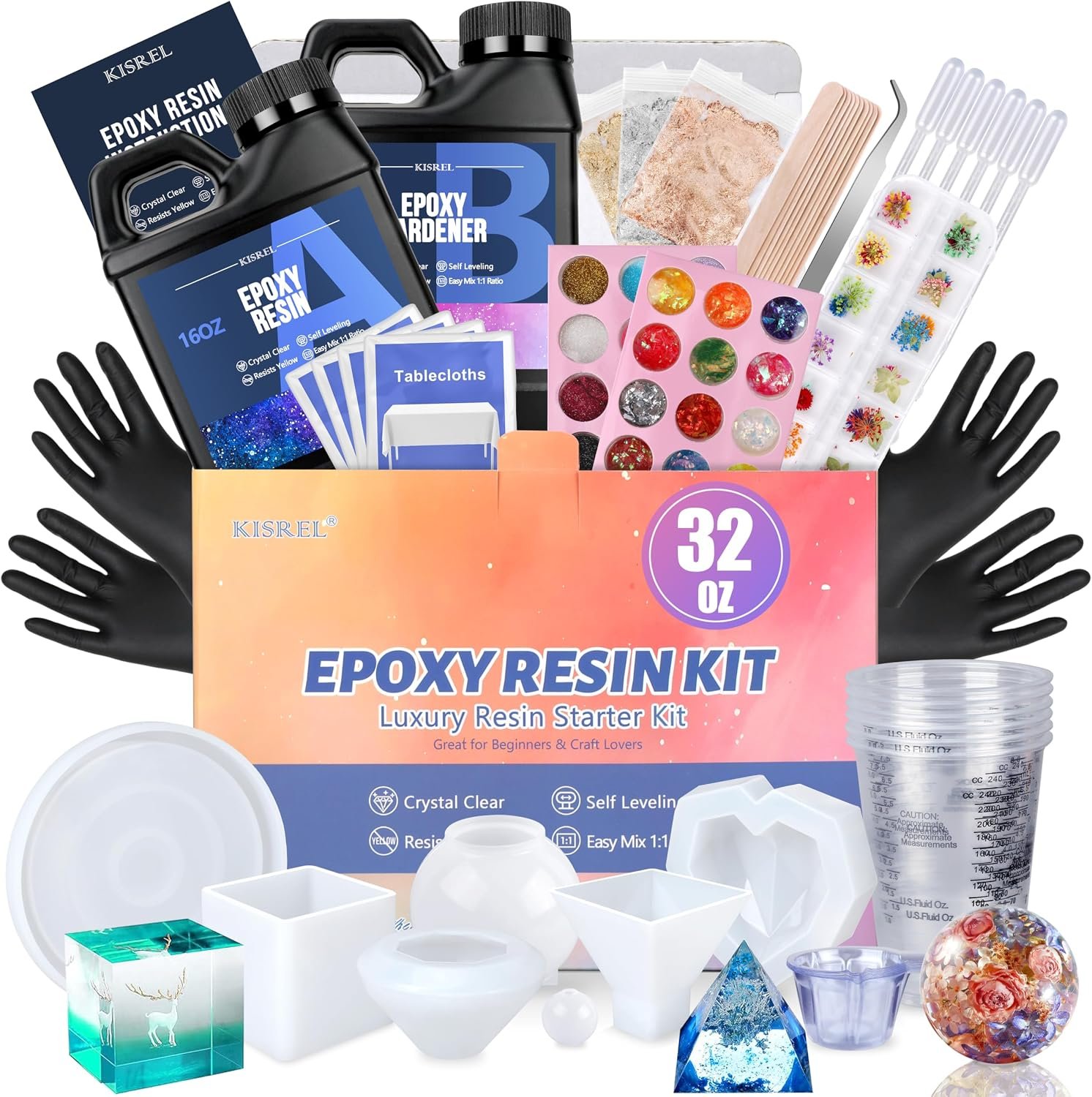 KISREL Epoxy Resin Kit 32OZ with Molds, Dried Flowers & Tools for Beginners