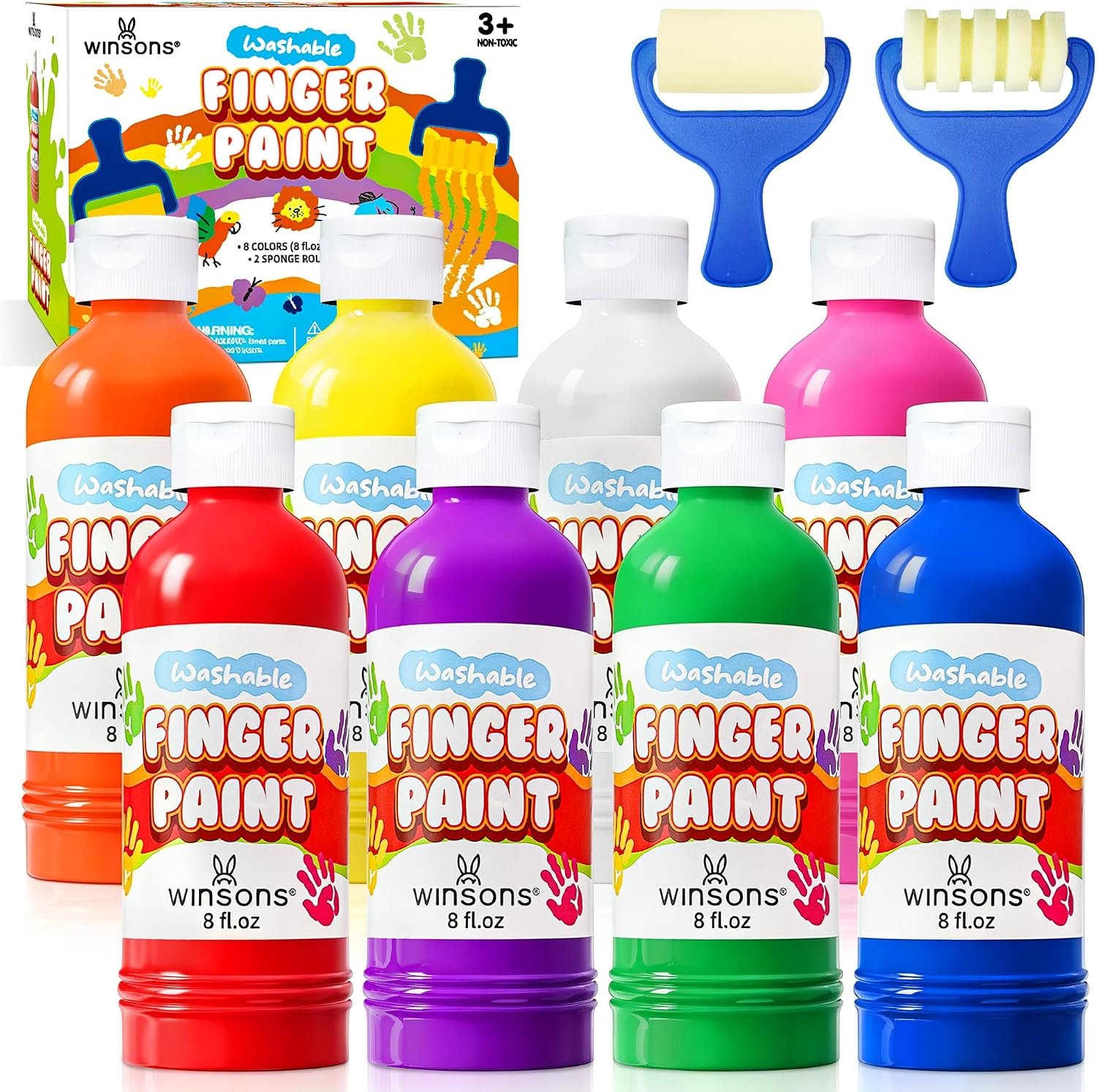Washable Finger Paint for Kids, 8oz x 8 Colors – Non-Toxic, Thick Finger Paint for Toddlers, Art Supplies for Home & Classroom Use, Large Bottles