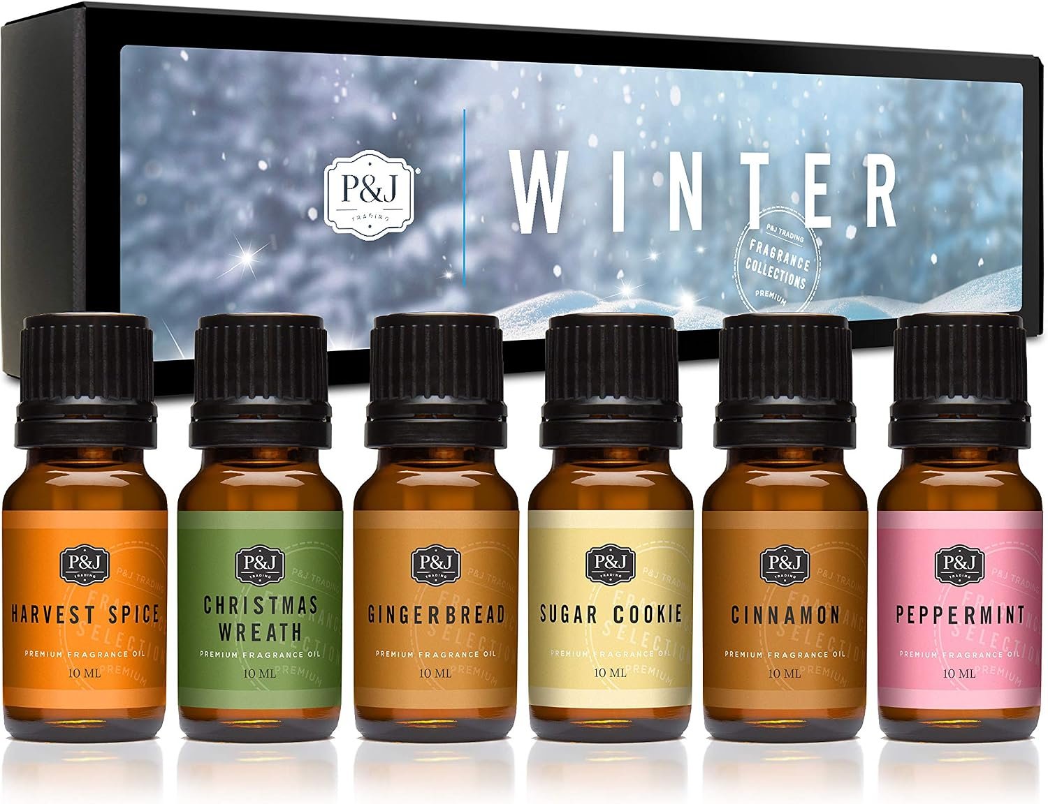 P&J Trading Fragrance Oil Winter Set | Cinnamon, Gingerbread, Sugar Cookies, Harvest Spice, Peppermint, and Christmas Wreath Candle Scents for Candle Making, Freshie Scents, Soap Making Supplies