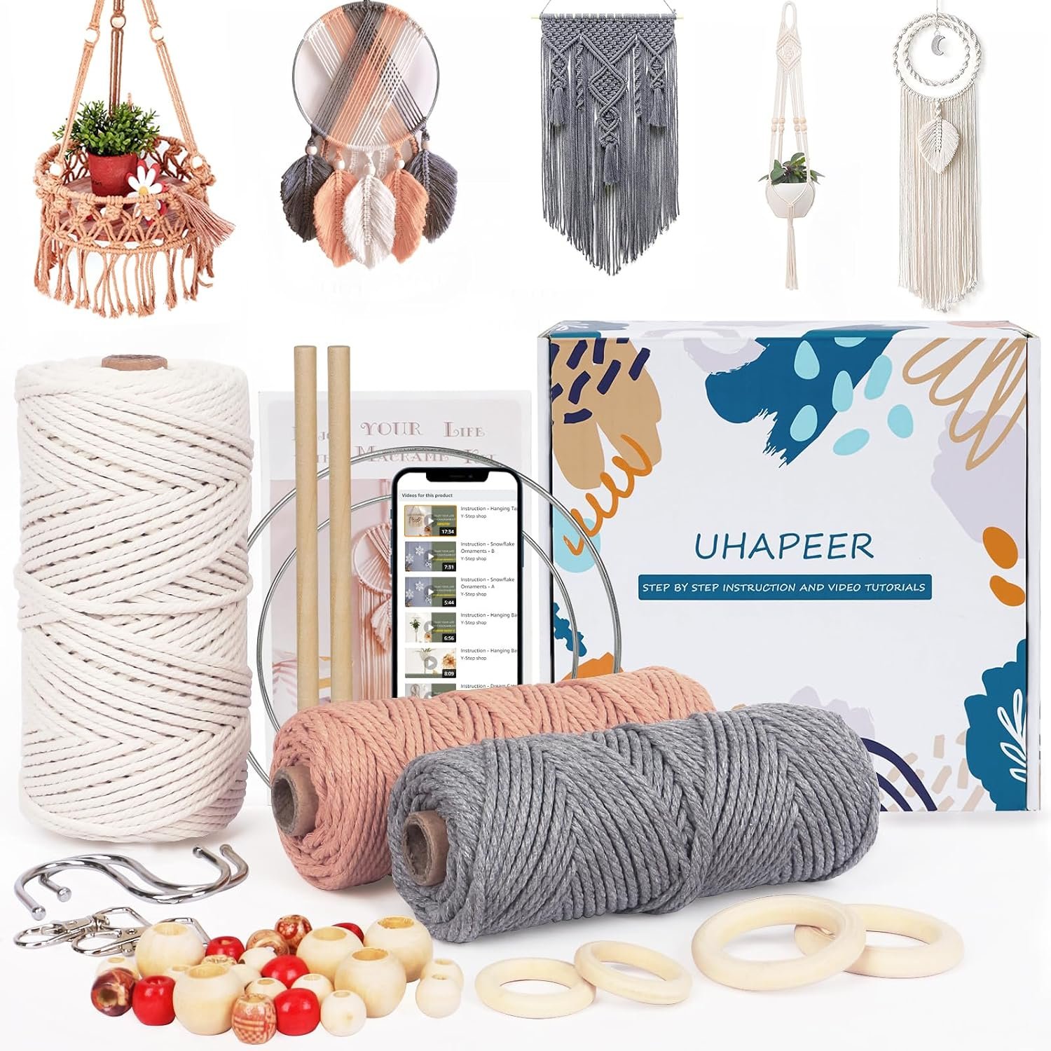 UHAPEER Macrame Kits for Adults Beginners with 656 Feet 3 mm Cotton Cord