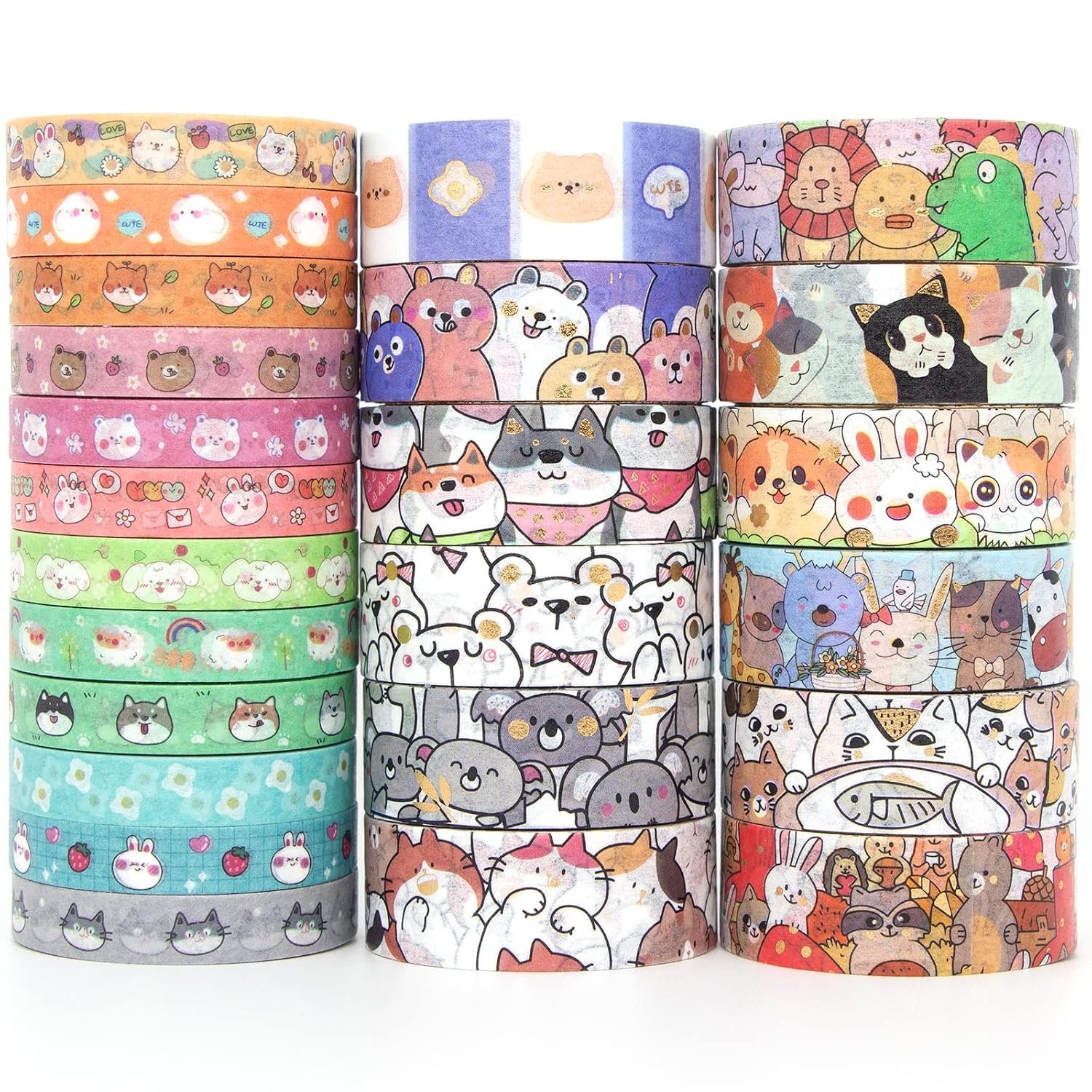 WAPETASHI Cute Washi Tape Set – 24 Rolls Kawaii Animals Gold Foil Decorative Masking Tape for Journaling, Scrapbooking, Kids DIY Crafts, Aesthetic Supplies, Planners, Bullet Journal