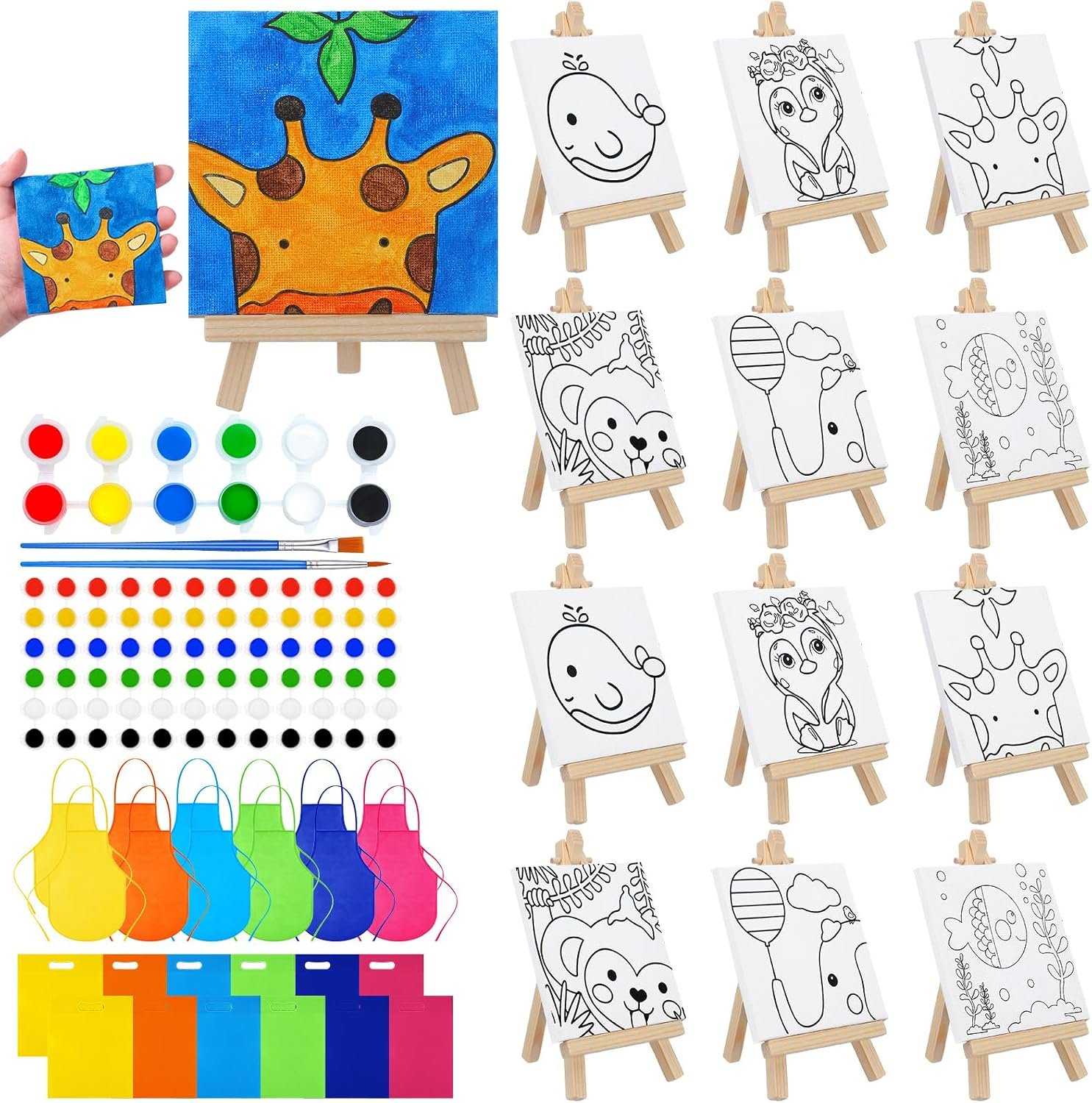 Tenceur 48 Pcs Kids Paint Party Set, 12 Pre Drawn Animal Canvas with Easel
