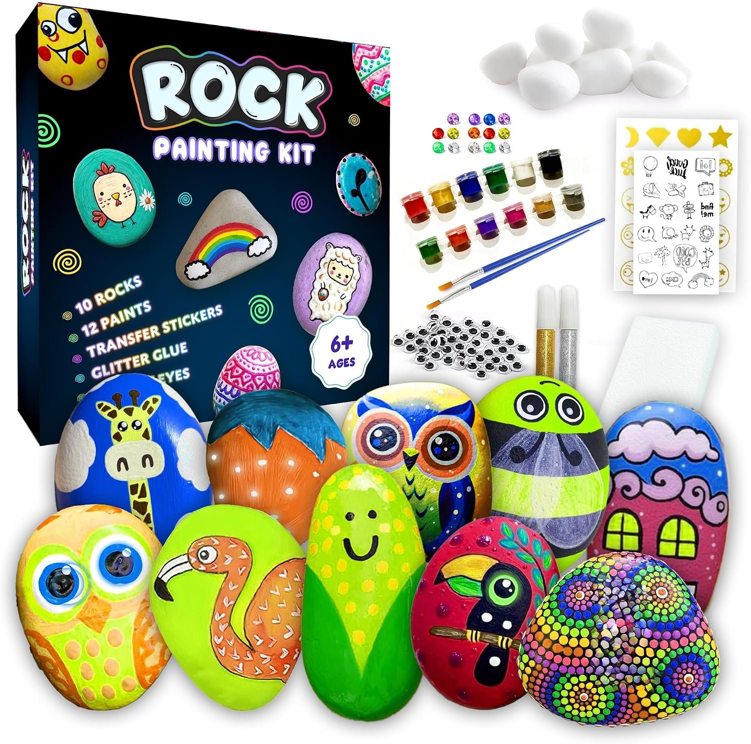 Rock Painting Kit for Kids 6-12 – 90+ Pcs Arts and Crafts Kit for Kids Painting – 10 White Rocks, 12 Paint Colors, Glitter Glue, Googly Eyes & More – Rock Art Supplies- DIY Arts & Crafts Easter Gifts